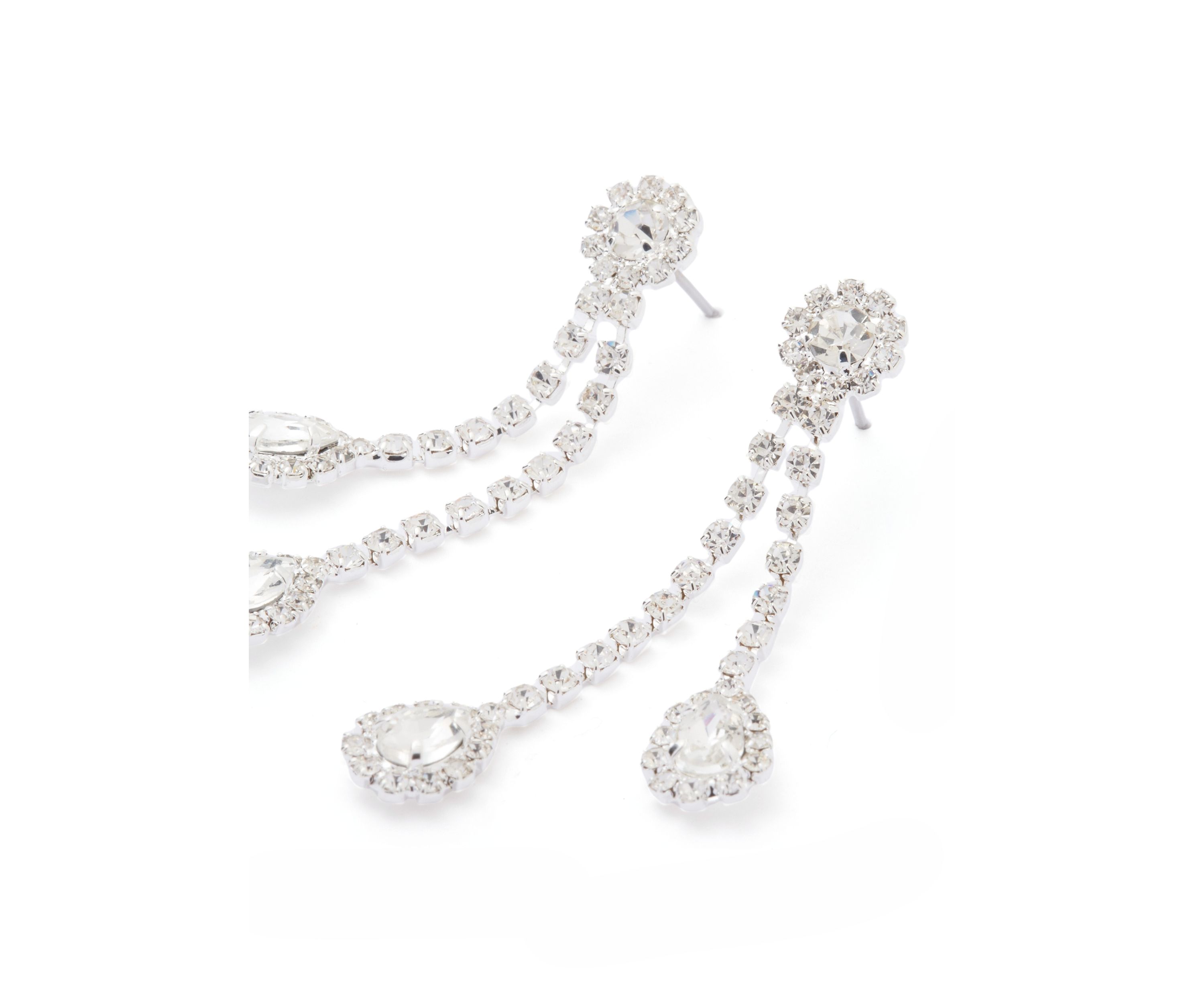 Silver Tone Double Sparkle Teardrops Linear Earrings