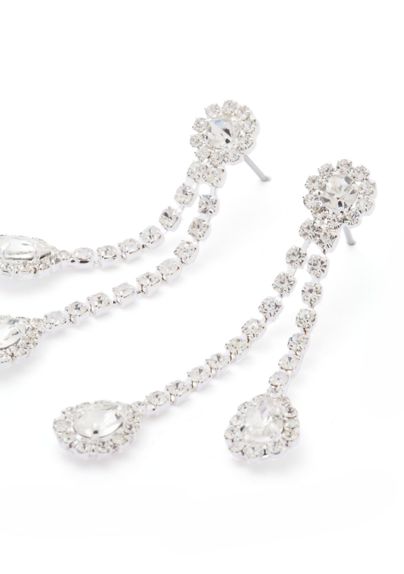 Silver Tone Double Sparkle Teardrops Linear Earrings