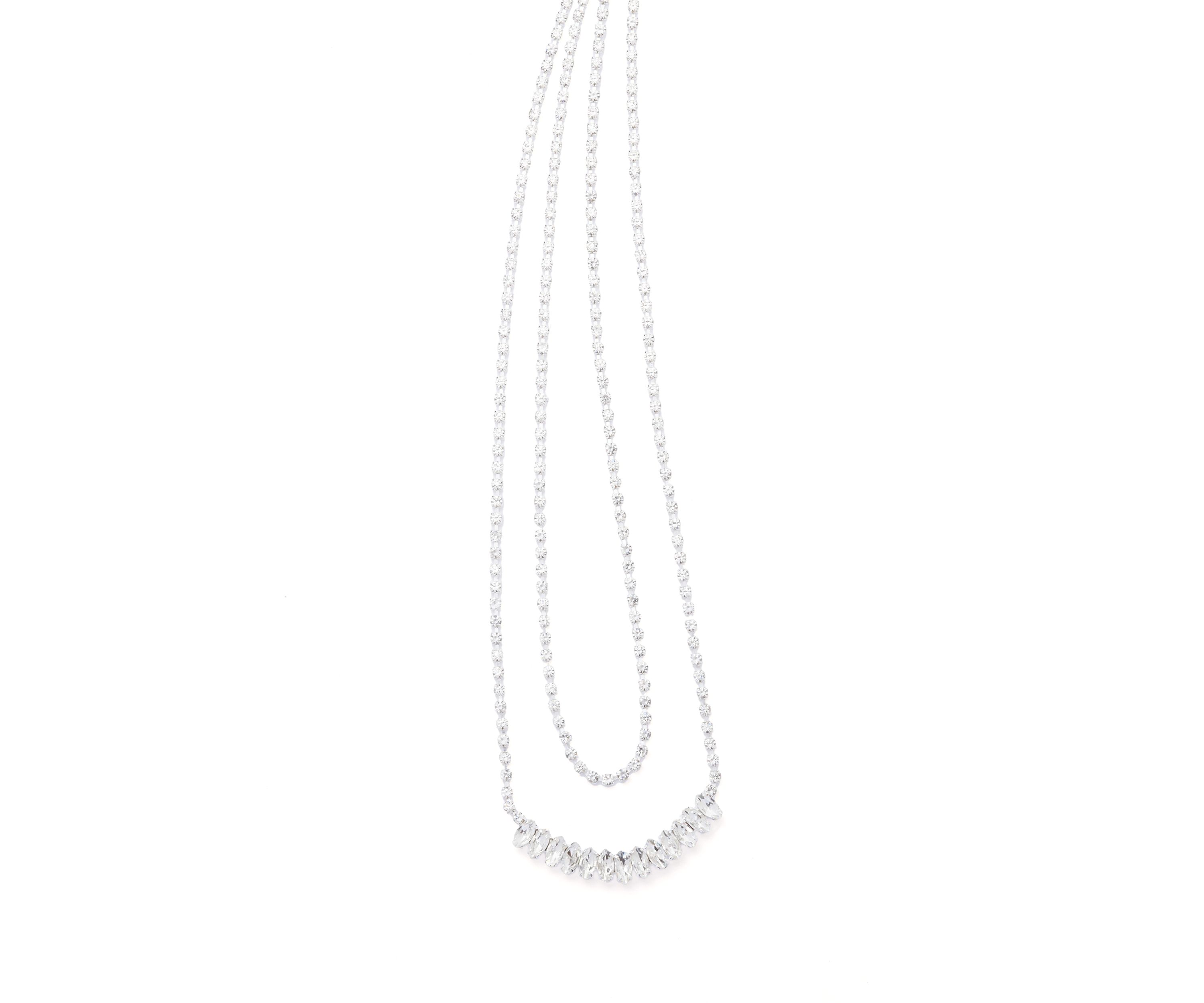 Silver Tone Frontal Navete Two Row Necklace