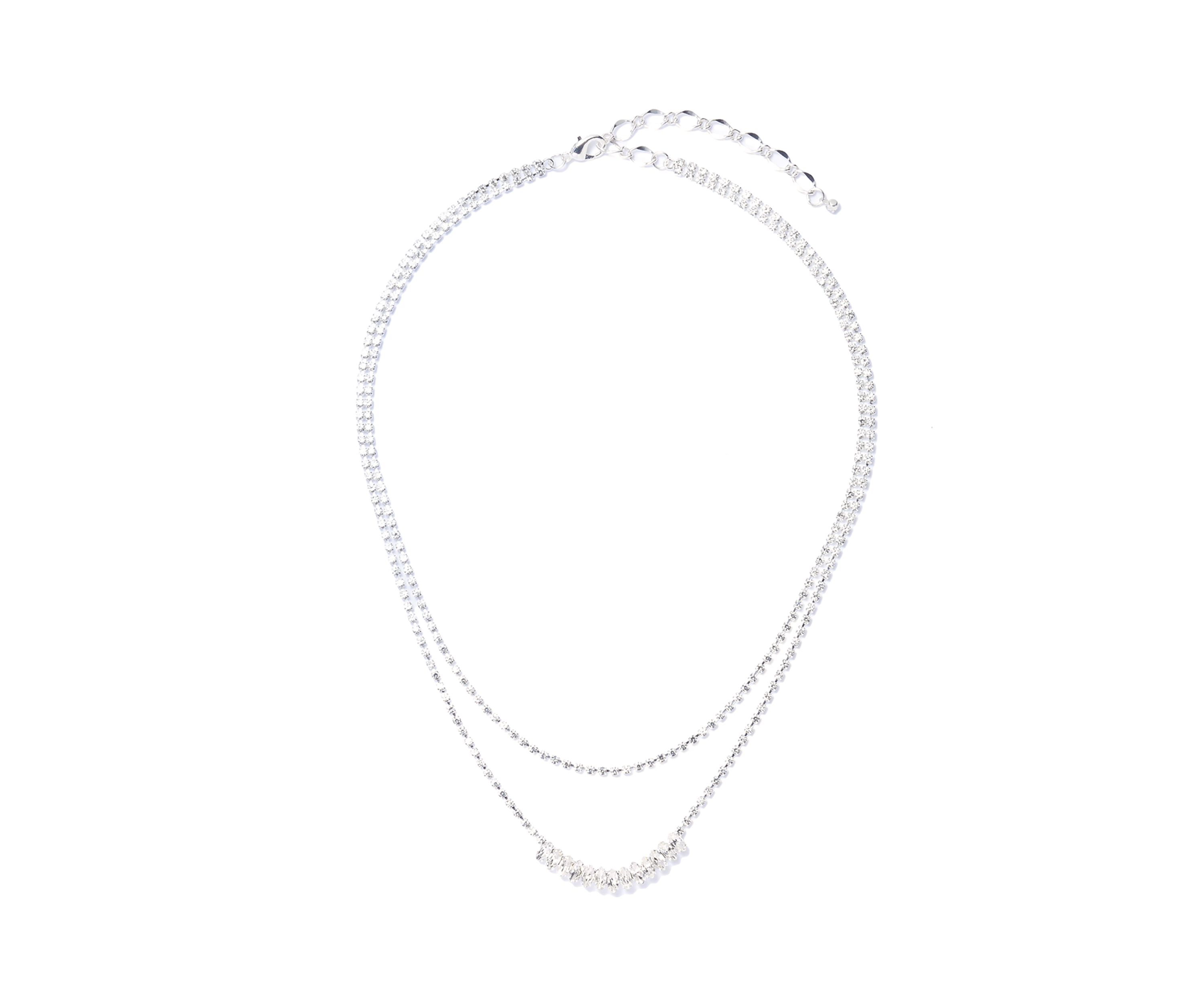 Silver Tone Frontal Navete Two Row Necklace