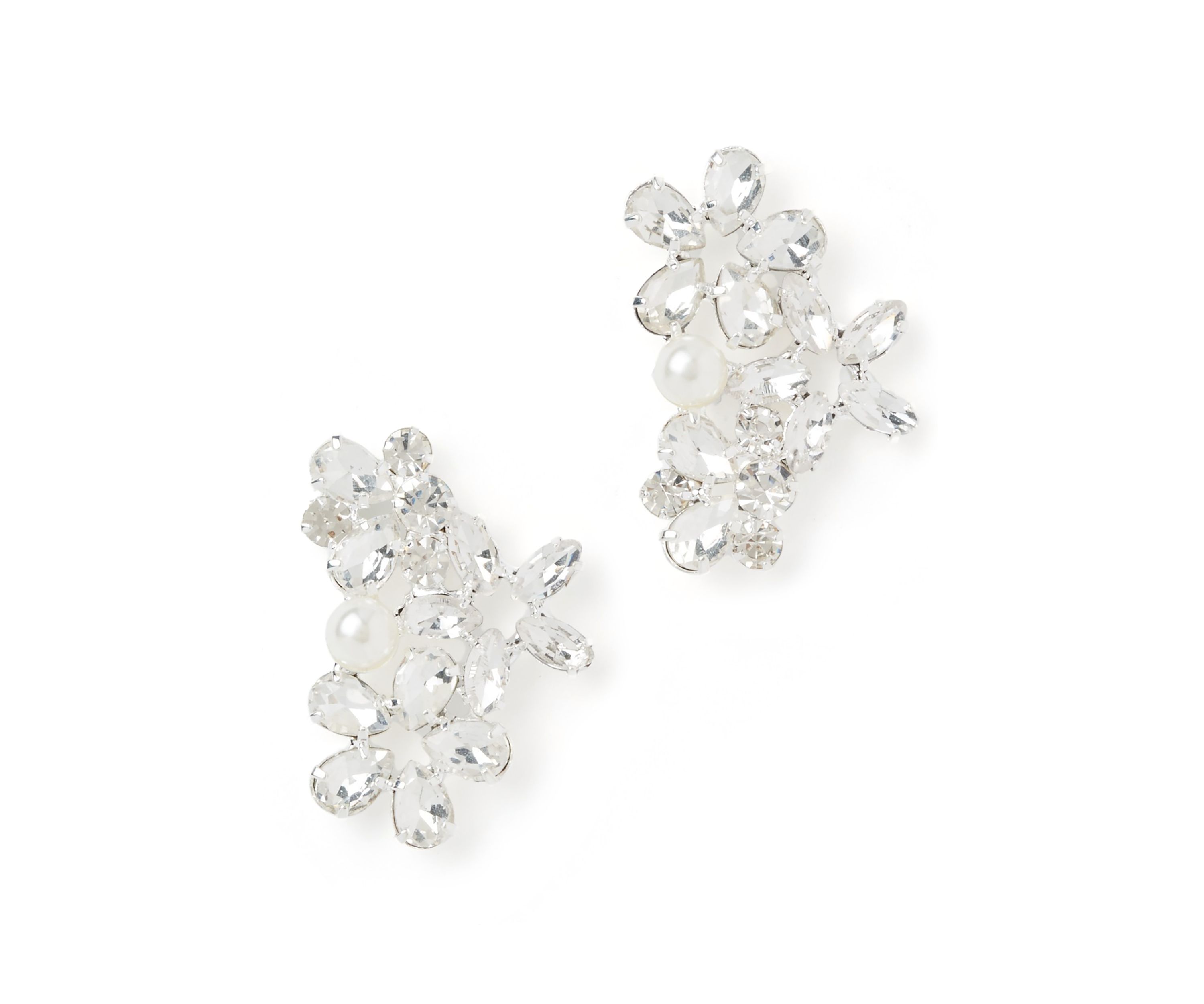 Silver Tone Classic Cluster Pearl Crystal Crawler Earrings