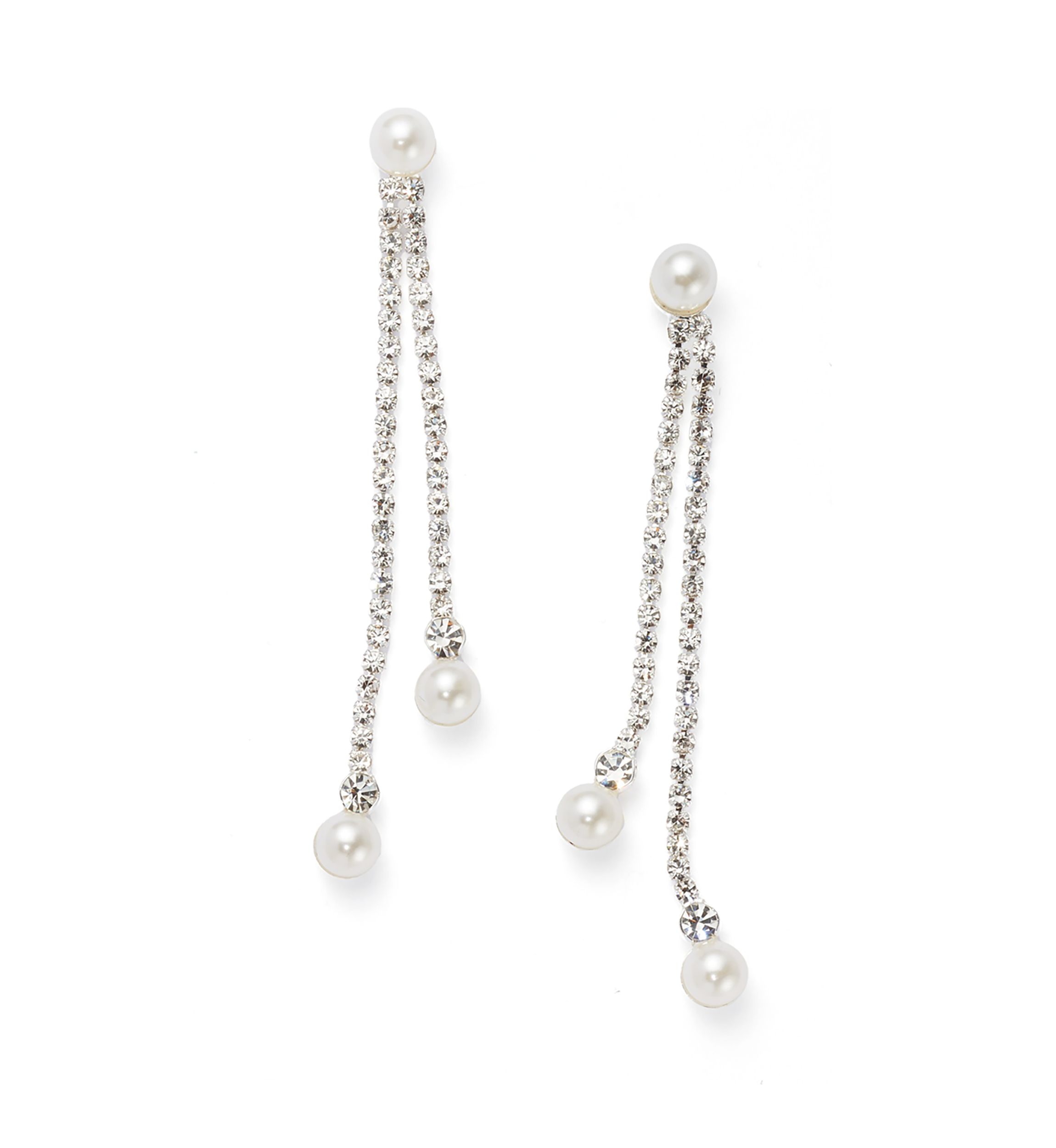 Silver Tone Extra Elegant Linear Pearl Drop Earrings
