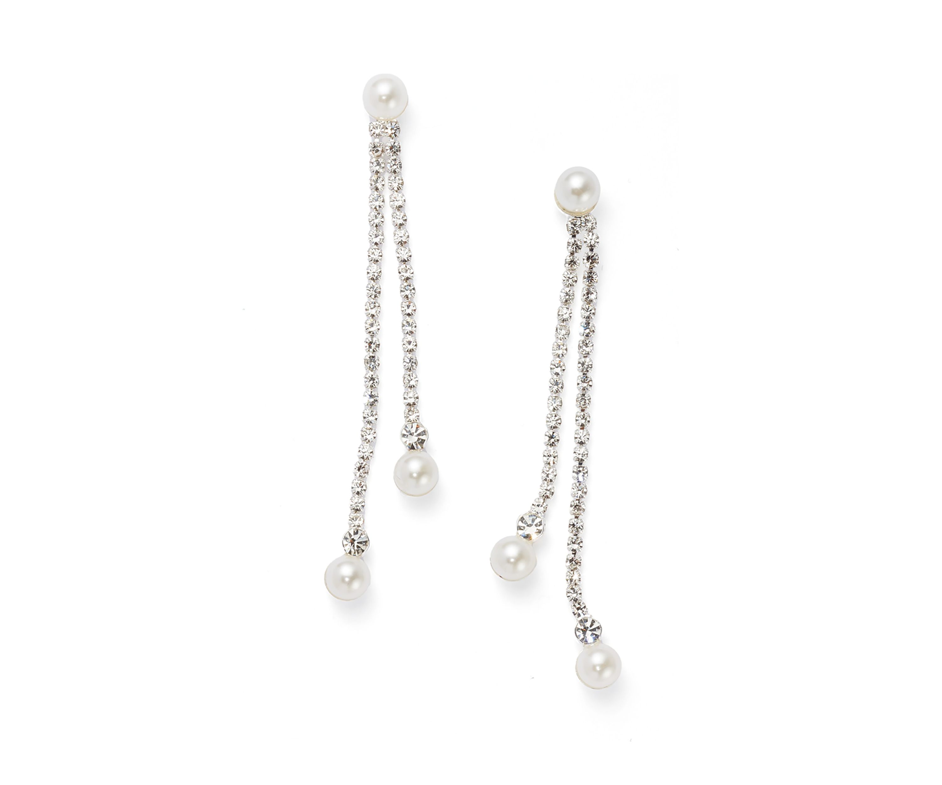 Silver Tone Extra Elegant Linear Pearl Drop Earrings