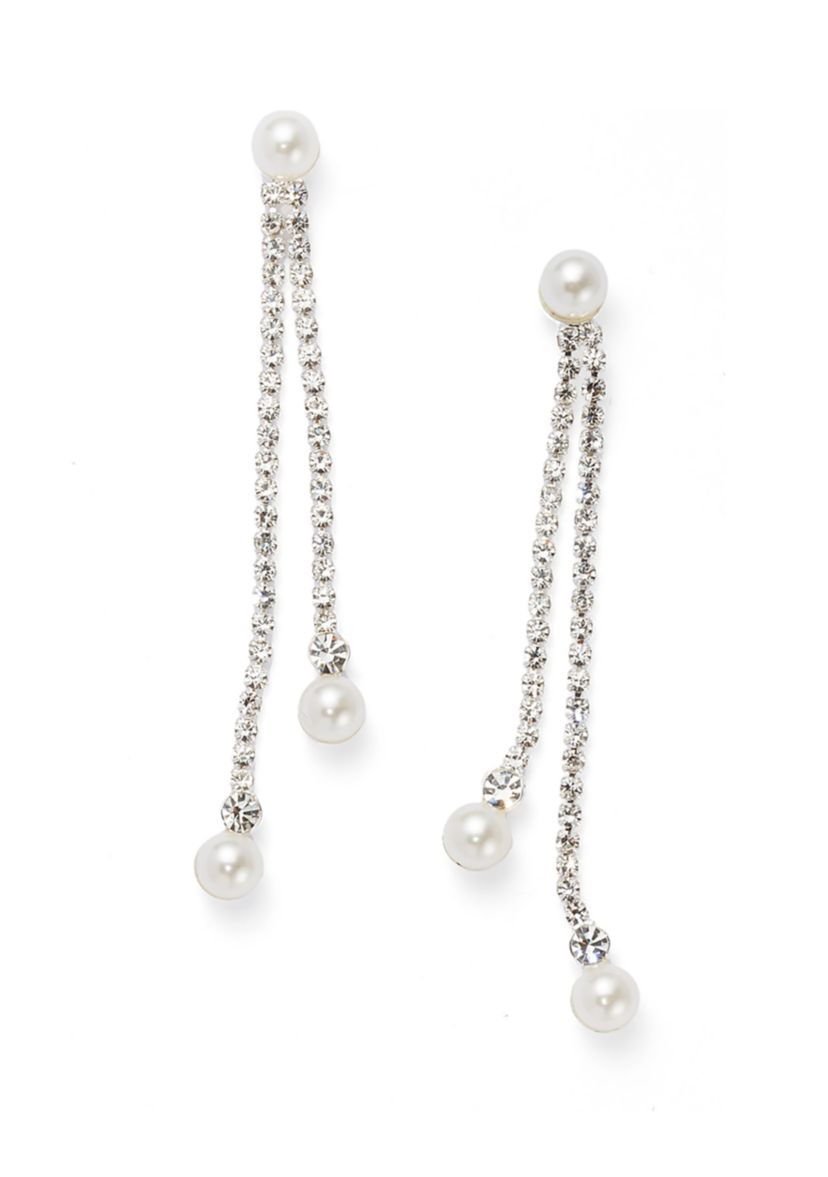 Silver Tone Extra Elegant Linear Pearl Drop Earrings
