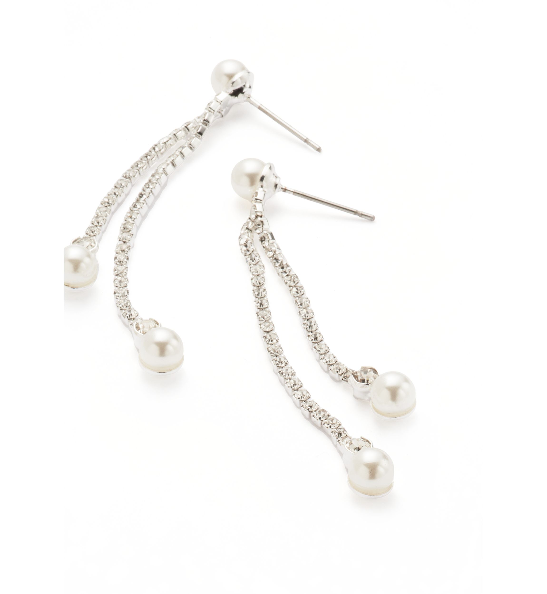 Silver Tone Extra Elegant Linear Pearl Drop Earrings