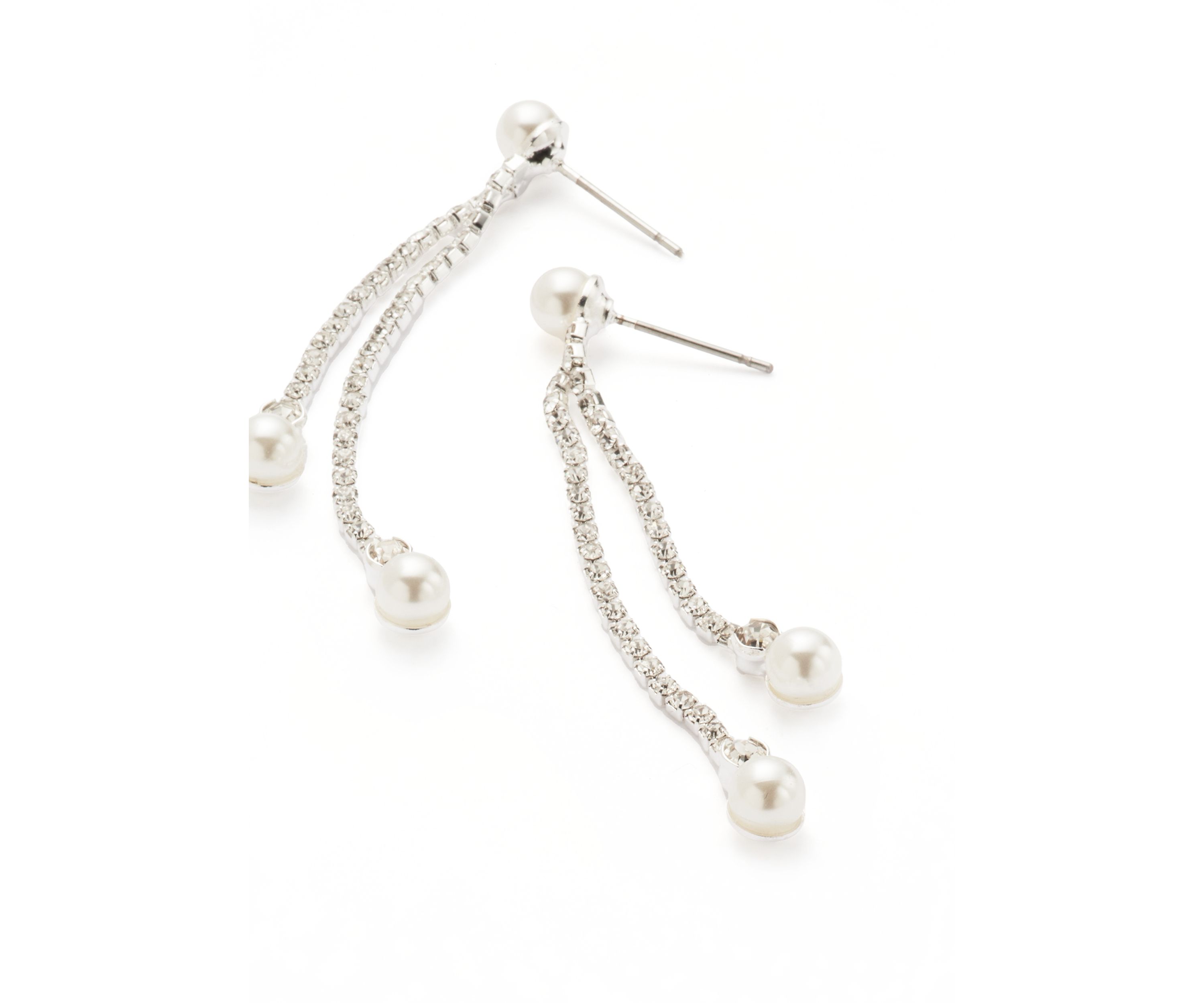 Silver Tone Extra Elegant Linear Pearl Drop Earrings
