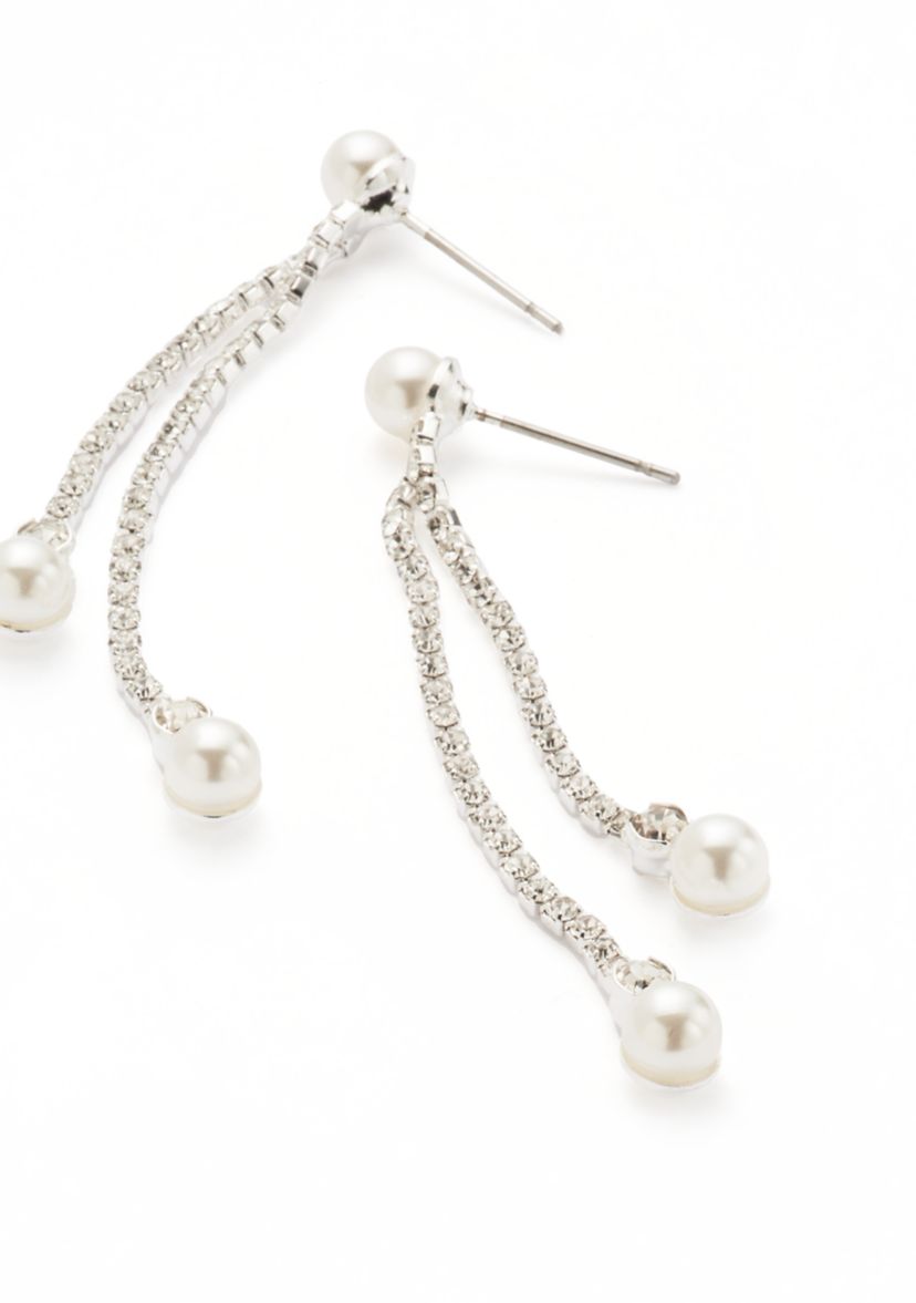 Silver Tone Extra Elegant Linear Pearl Drop Earrings