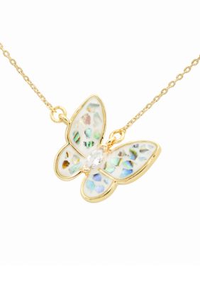 Lab Created Cracked Abalone Gold Butterfly Pendant Necklace