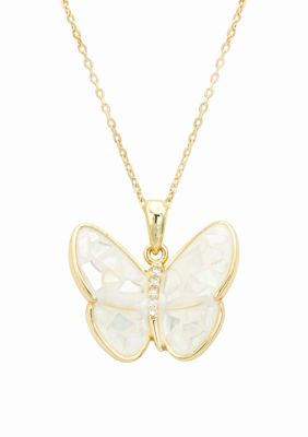 Lab Created Cracked Mother of Pearl Gold Butterfly Pendant Necklace