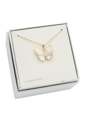 Lab Created Cracked Mother of Pearl Gold Butterfly Pendant Necklace