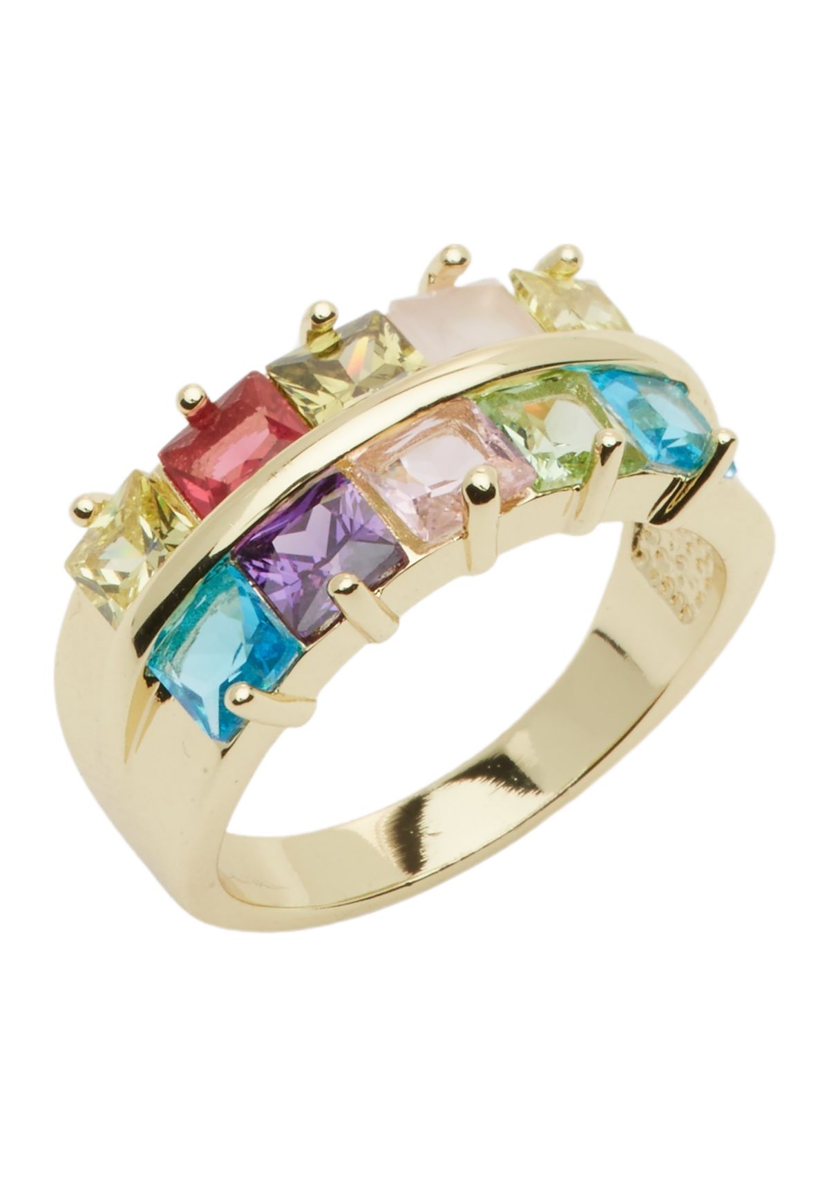 Gold Tone Square Double Row Multicolored Stone Band Ring - Size 7