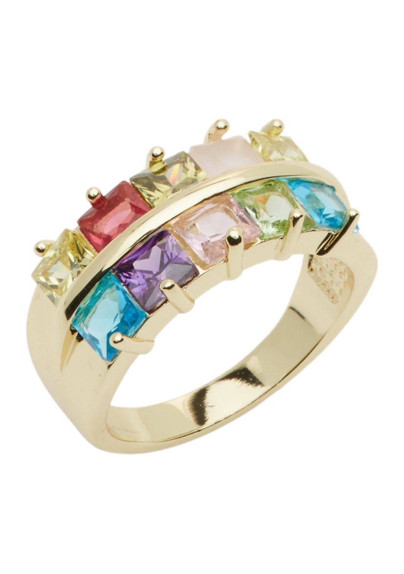 Gold Tone Square Double Row Multicolored Stone Band Ring - Size 7