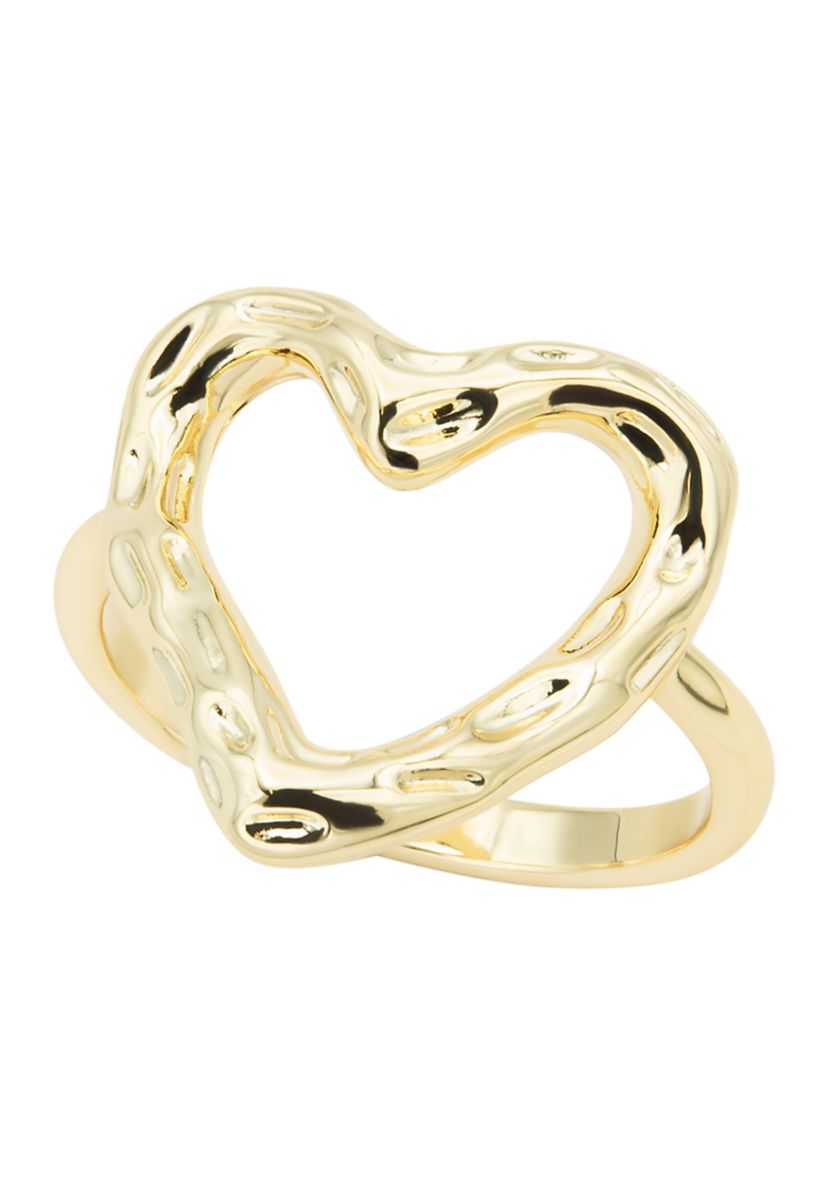 Gold Plated Hammered Open Heart Band Ring