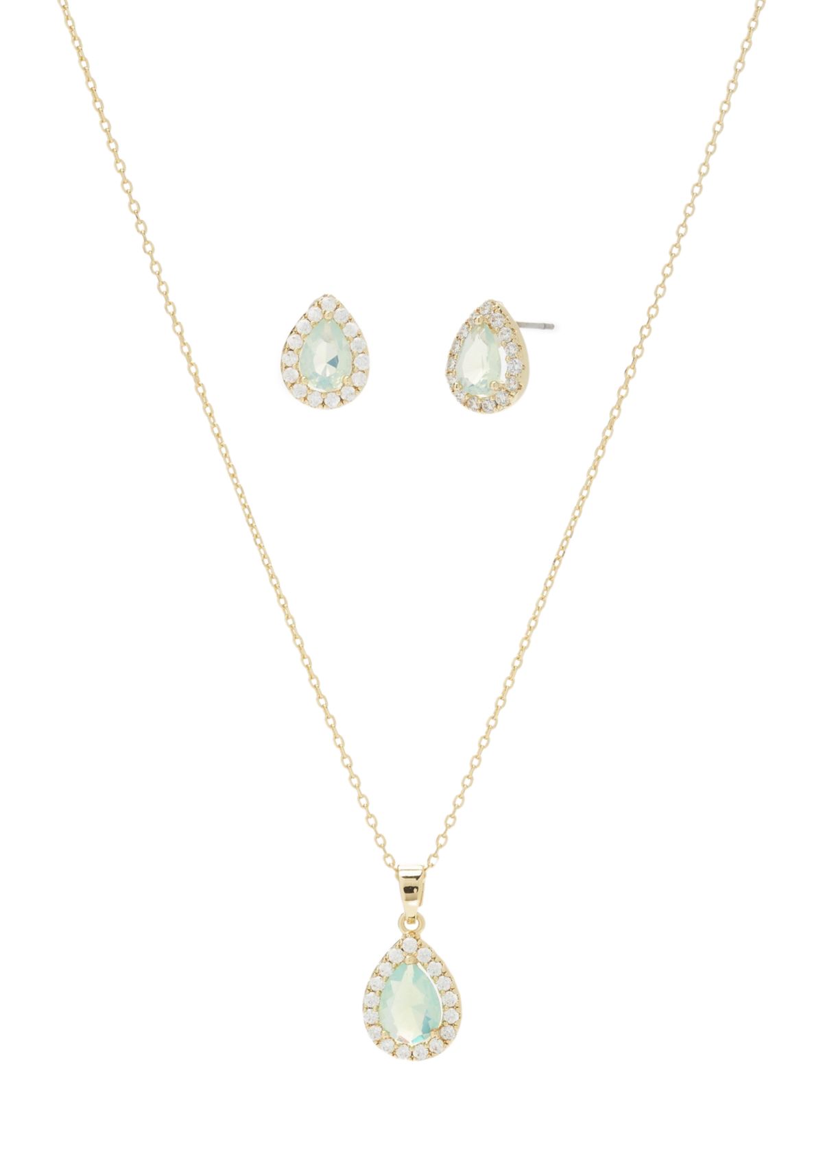 Gold Tone Cubic Zirconia Pear Halo Necklace and Earrings Set