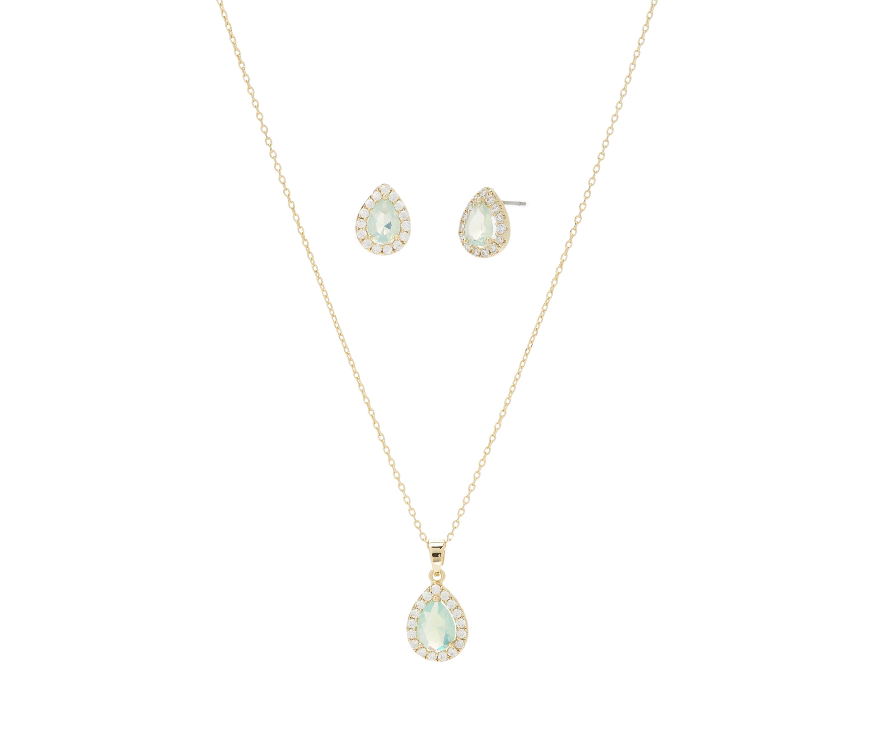 Gold Tone Cubic Zirconia Pear Halo Necklace and Earrings Set