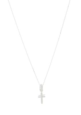 Lab Created Silver Tone Cubic Zirconia Pavé Double Cross Charm Pendant Necklace