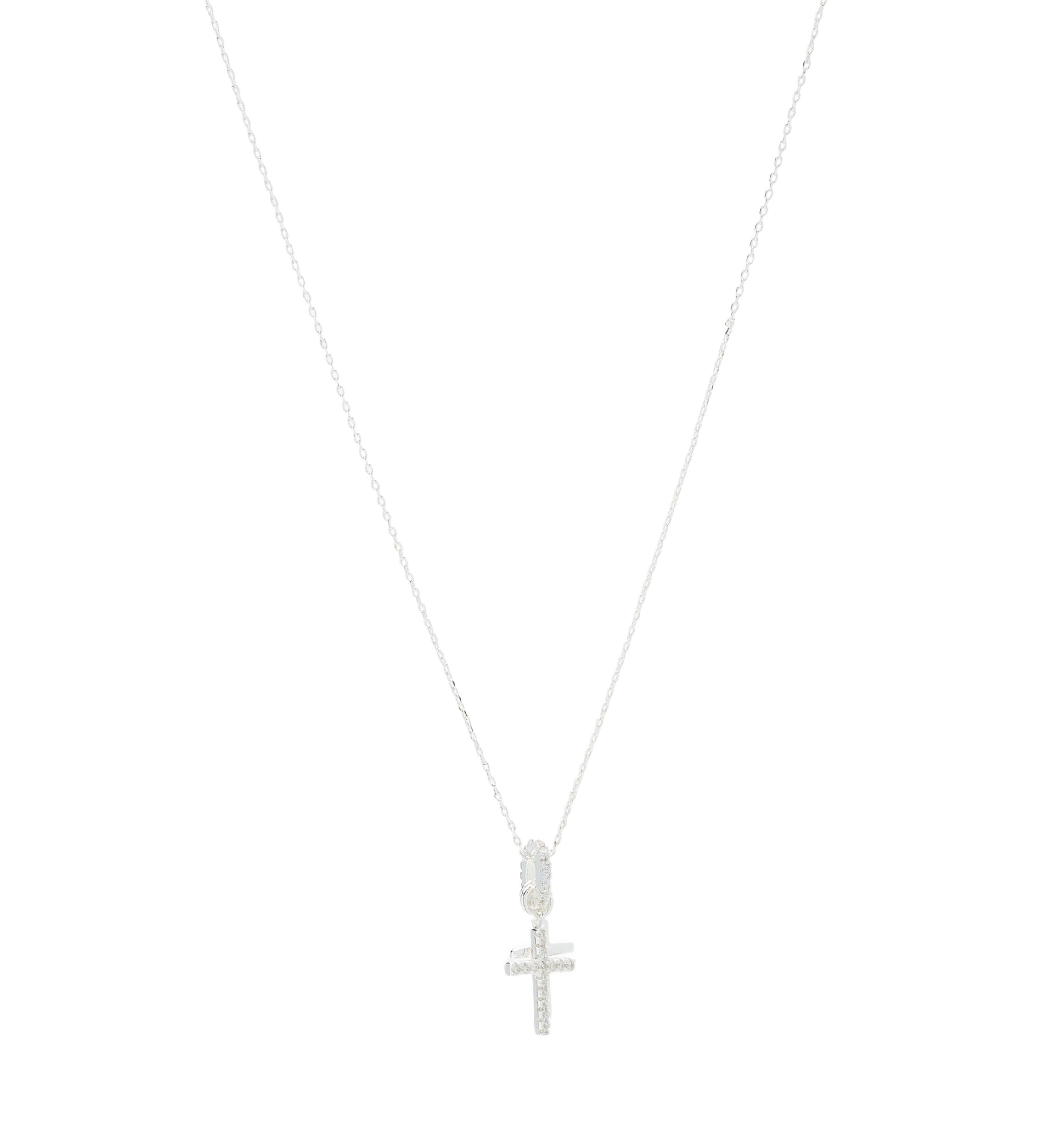 Silver Tone Cubic Zirconia Pavé Double Cross Charm Pendant Necklace