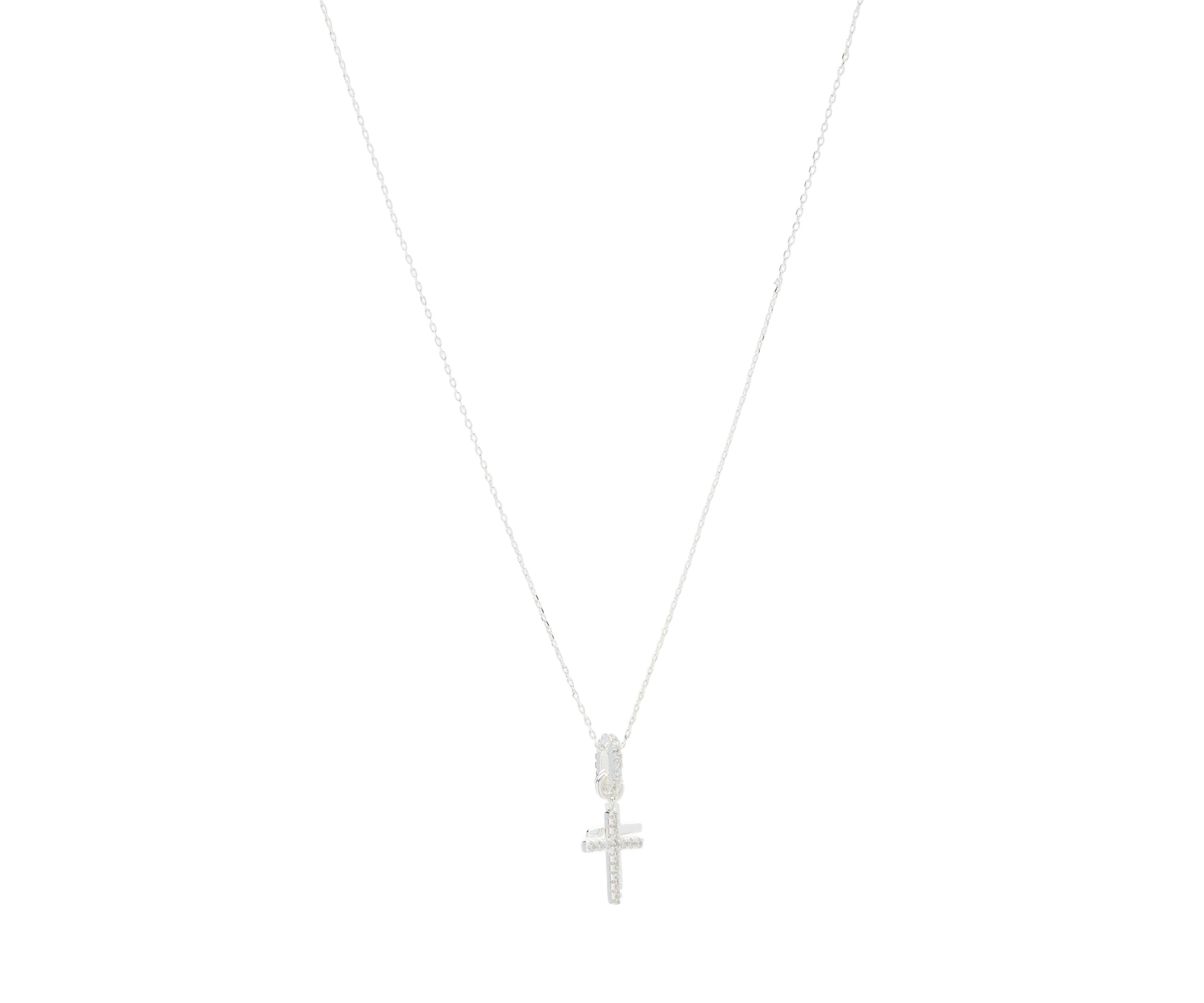 Silver Tone Cubic Zirconia Pavé Double Cross Charm Pendant Necklace