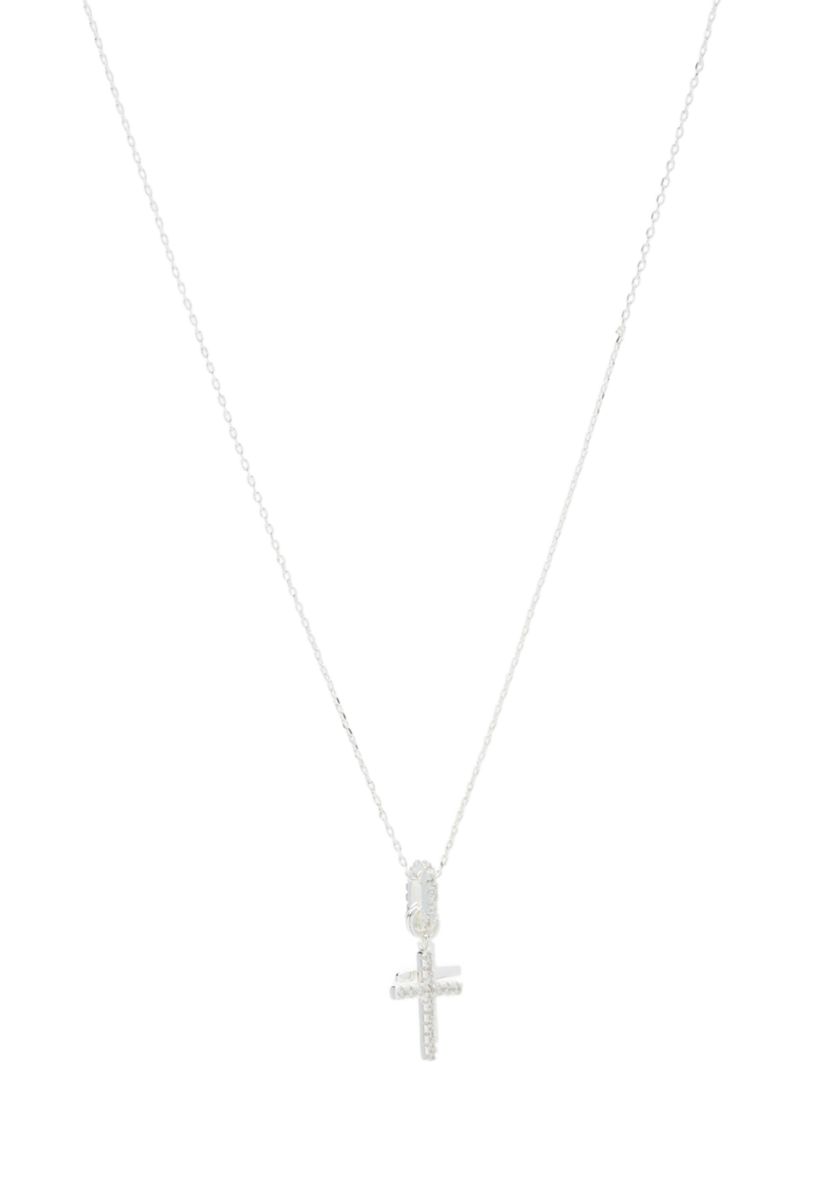 Silver Tone Cubic Zirconia Pavé Double Cross Charm Pendant Necklace