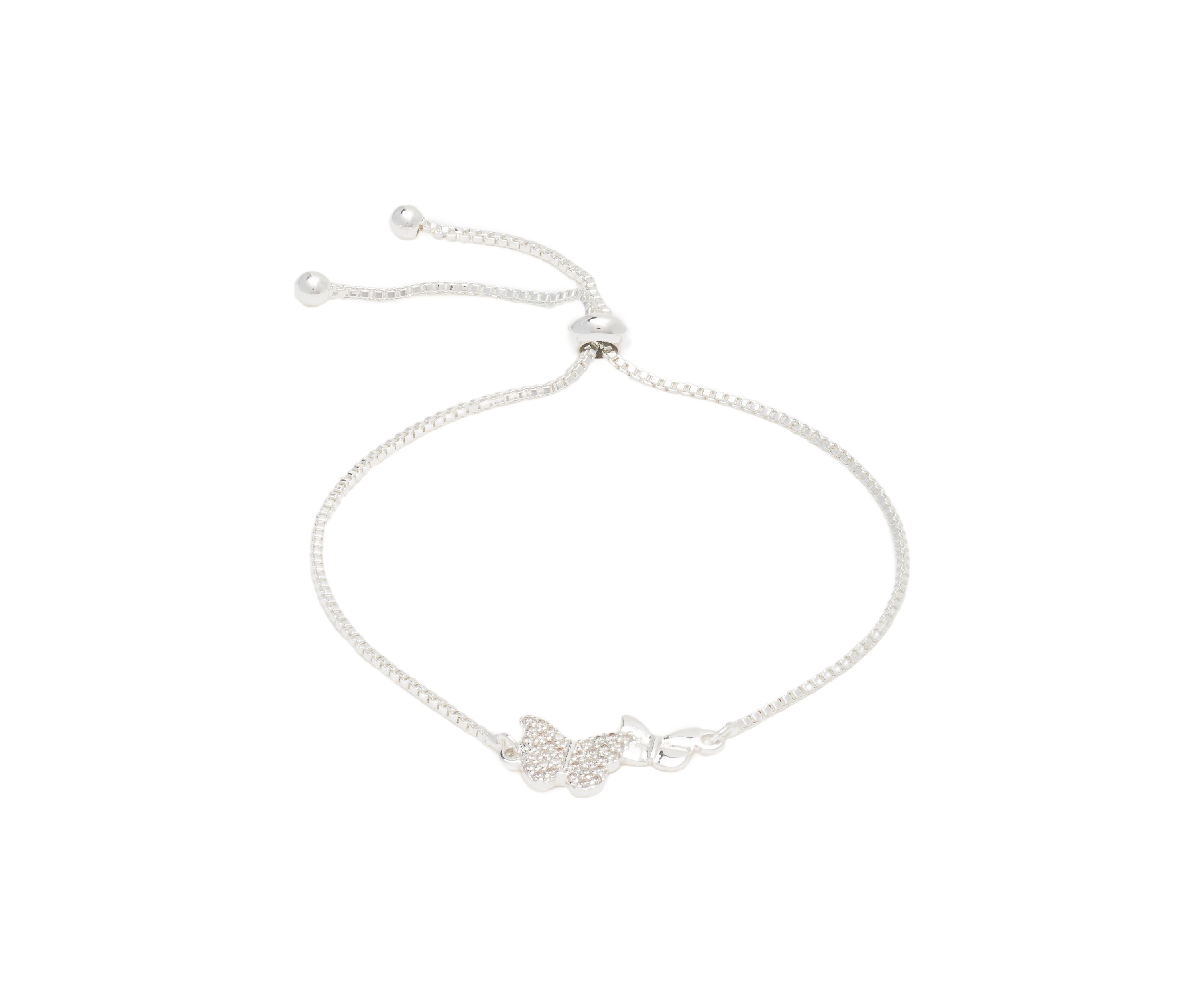 Silver Tone Cubic Zirconia Pavé Double Butterfly Adjustable Bracelet