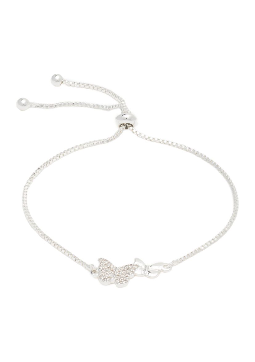 Silver Tone Cubic Zirconia Pavé Double Butterfly Adjustable Bracelet
