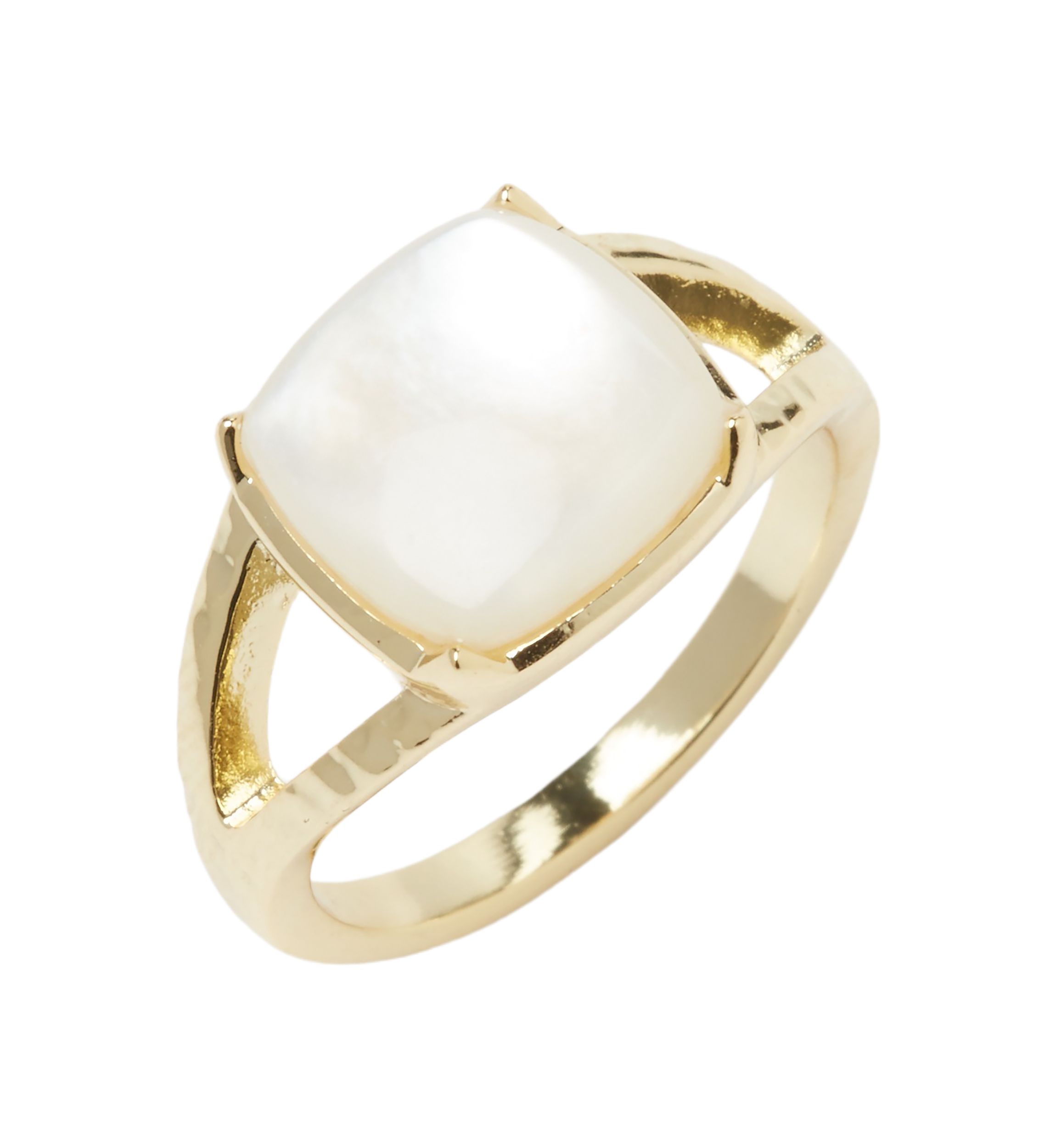Gold Tone Mother of Pearl Cushion Stone Hammered Band Ring