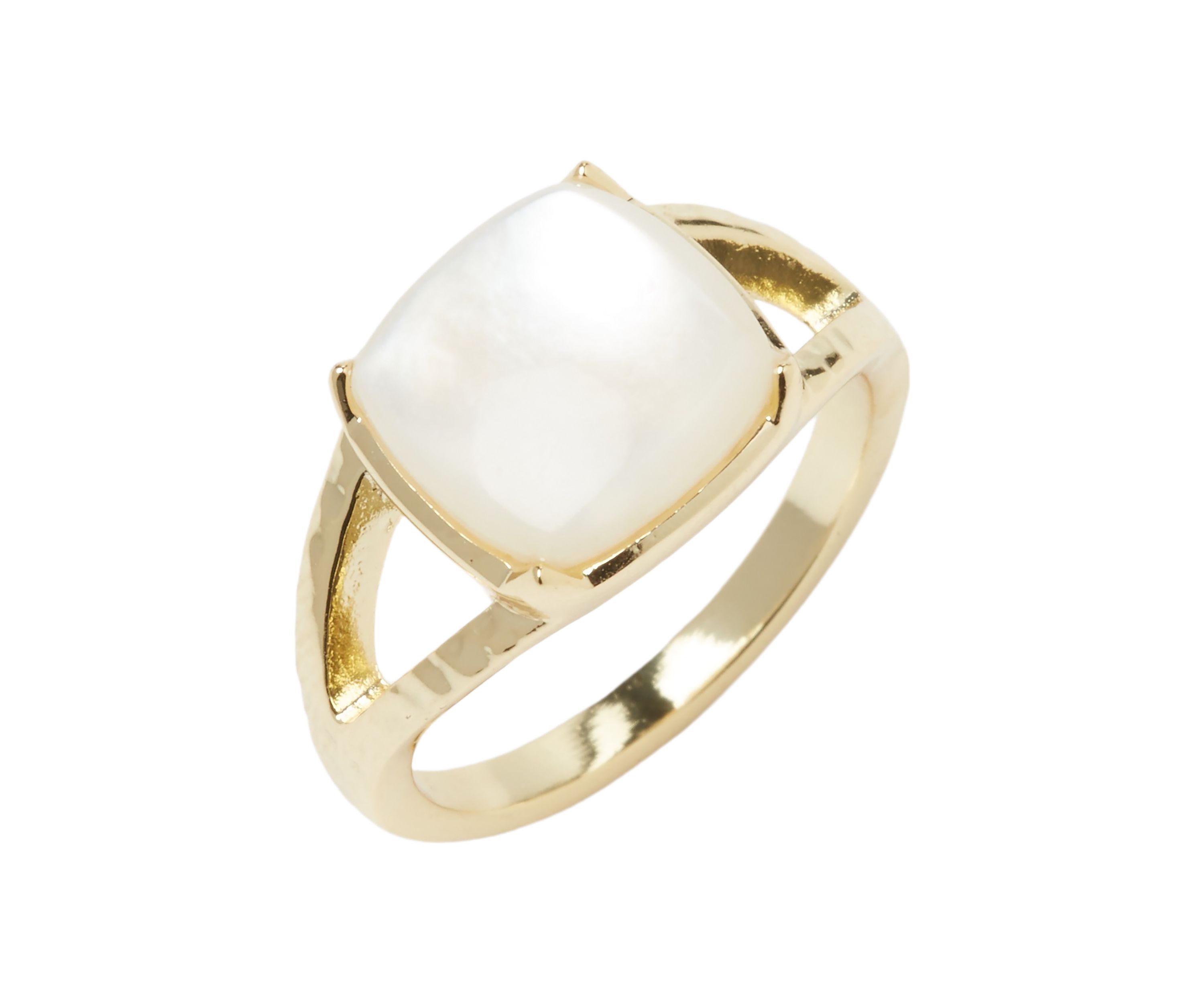 Gold Tone Mother of Pearl Cushion Stone Hammered Band Ring