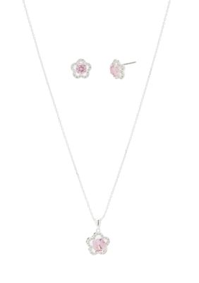 Cubic Zirconia Pink Flower Earrings and Necklace Set