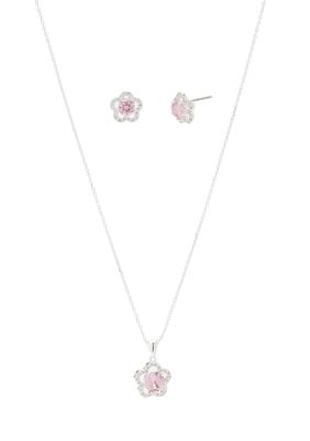 evie & emma Cubic Zirconia Pink Flower Earrings and Necklace Set