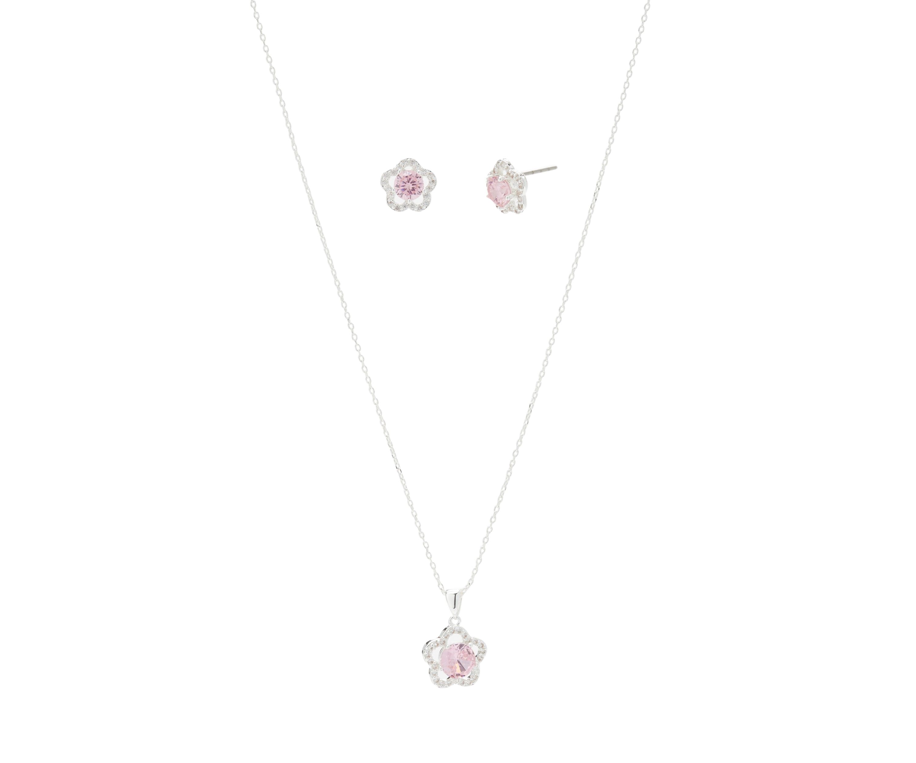 Cubic Zirconia Pink Flower Earrings and Necklace Set