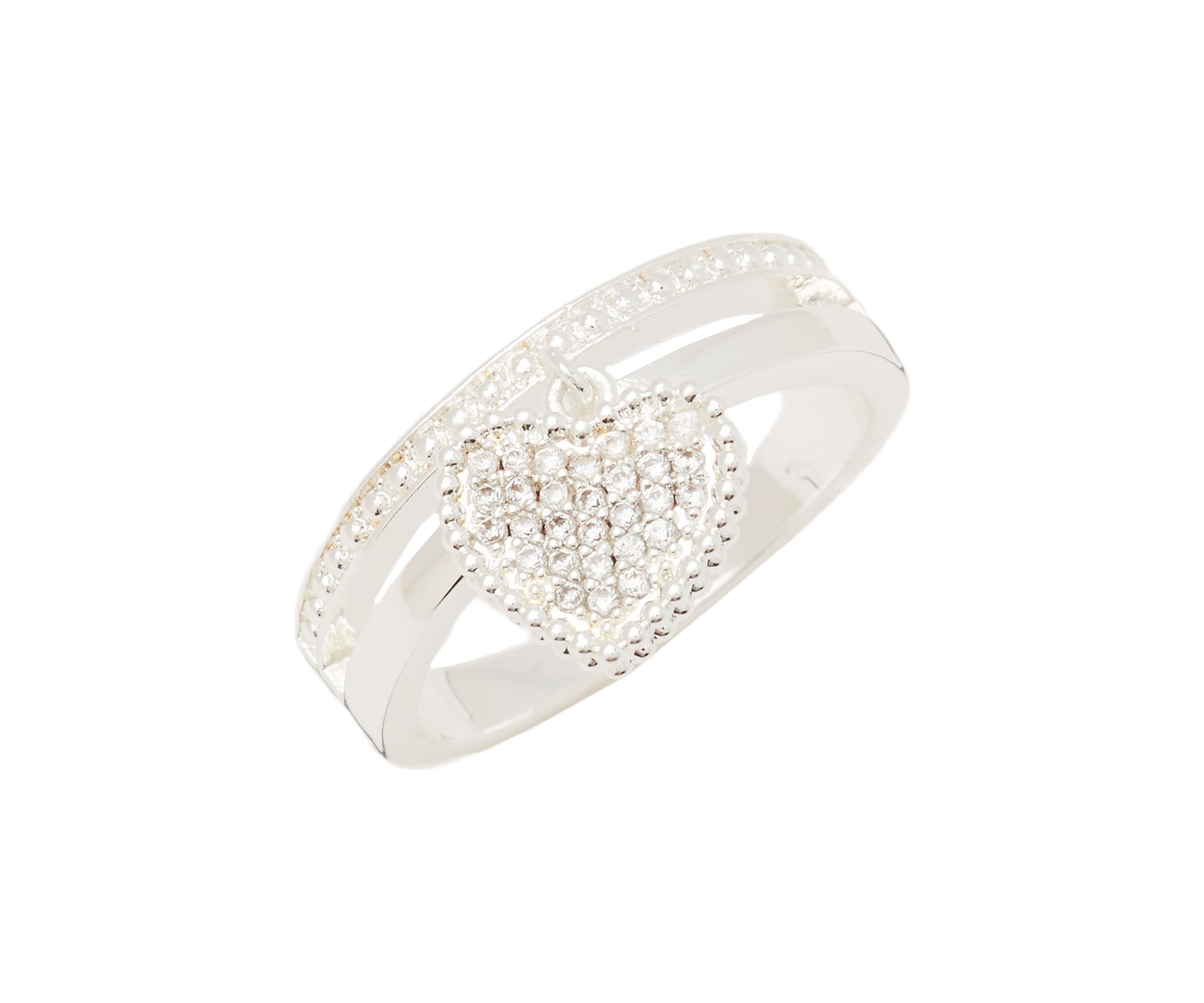 Silver Tone Pavé Heart Charm Faux Stack Band Ring