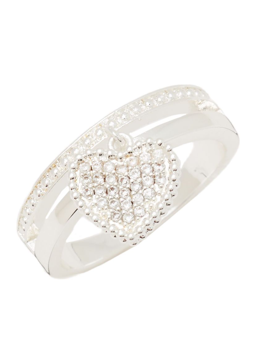Silver Tone Pavé Heart Charm Faux Stack Band Ring