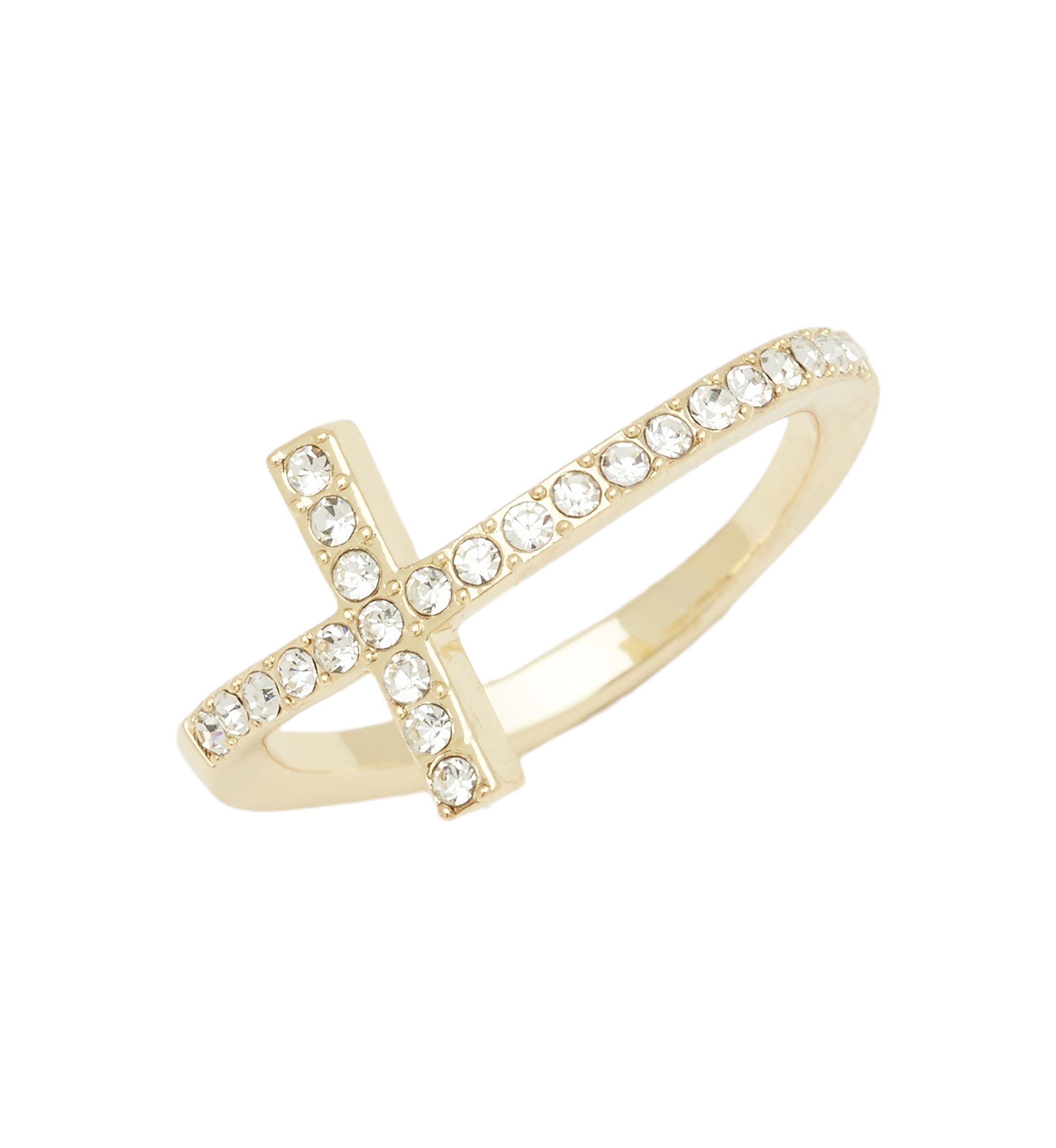 Gold Tone Crystal Pavé Sideways Cross Ring