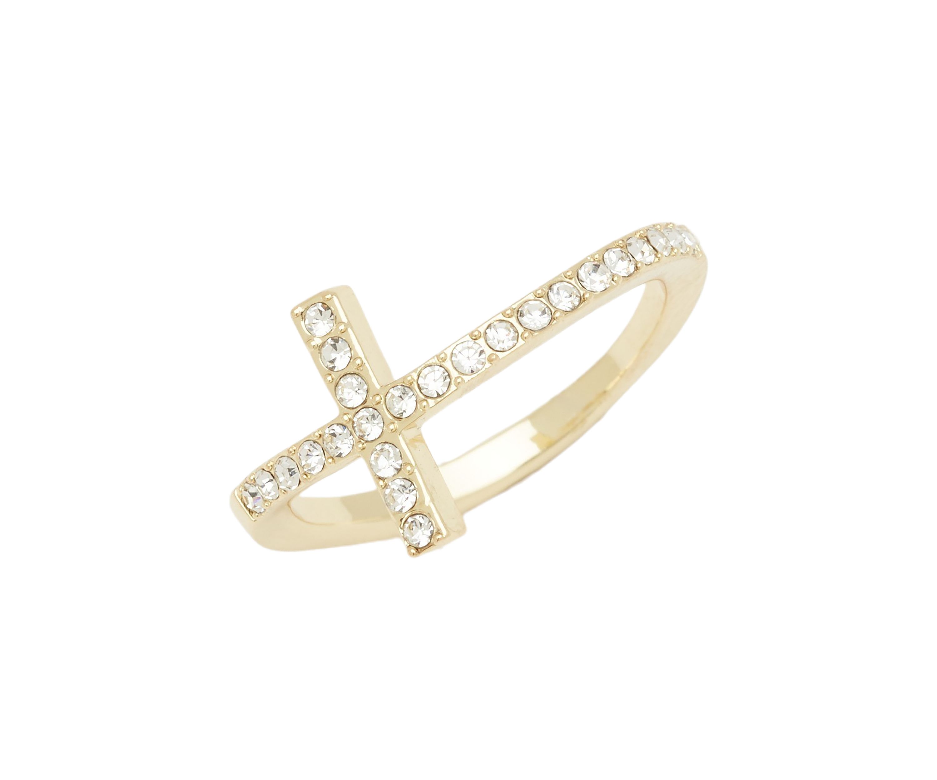 Gold Tone Crystal Pavé Sideways Cross Ring
