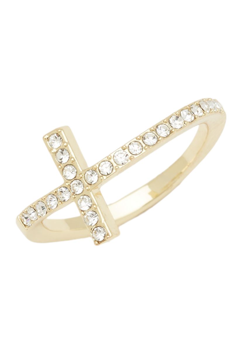 Gold Tone Crystal Pavé Sideways Cross Ring