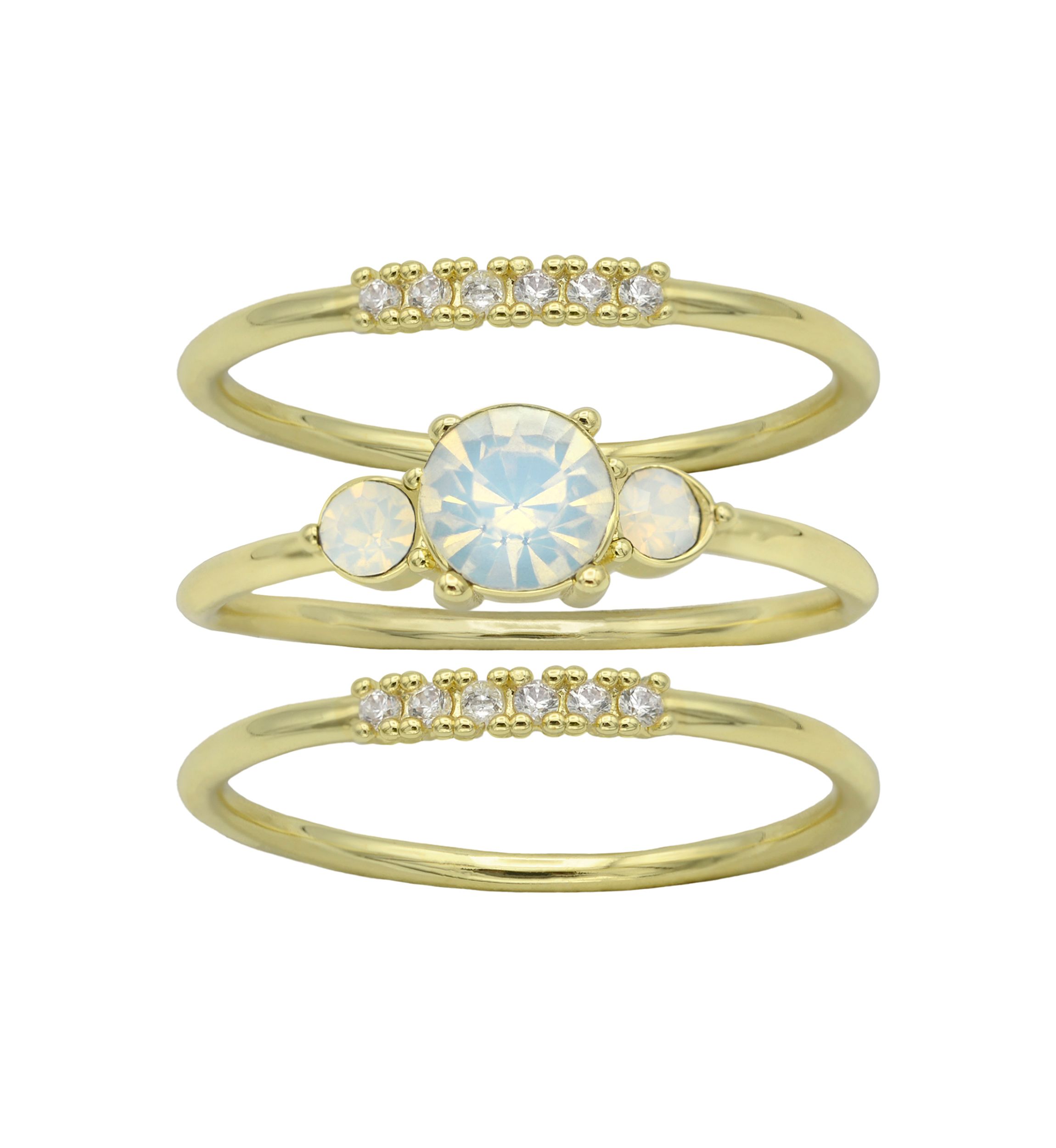 Gold Tone Opal Three Stone Band Ring Set