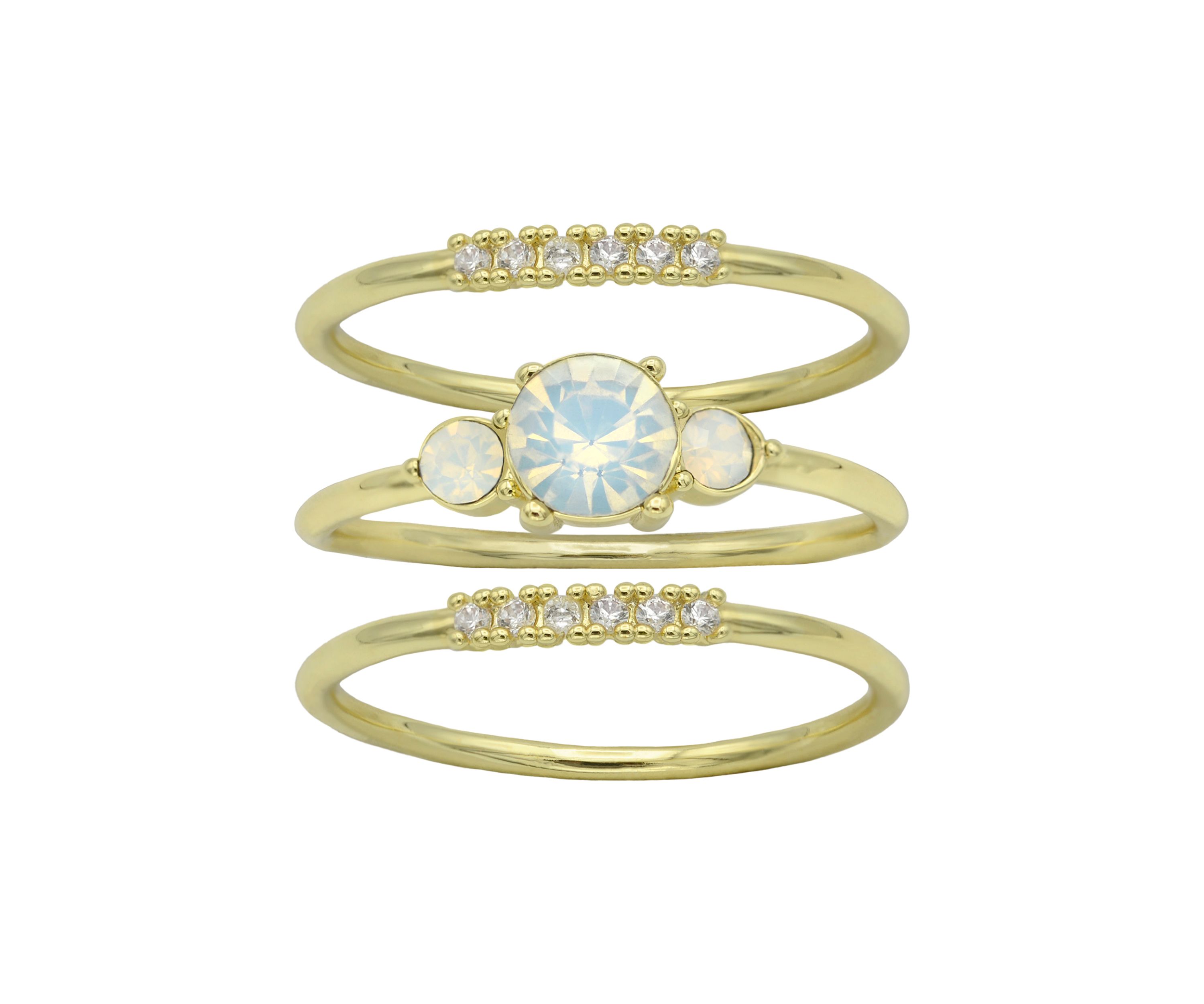 Gold Tone Opal Three Stone Band Ring Set