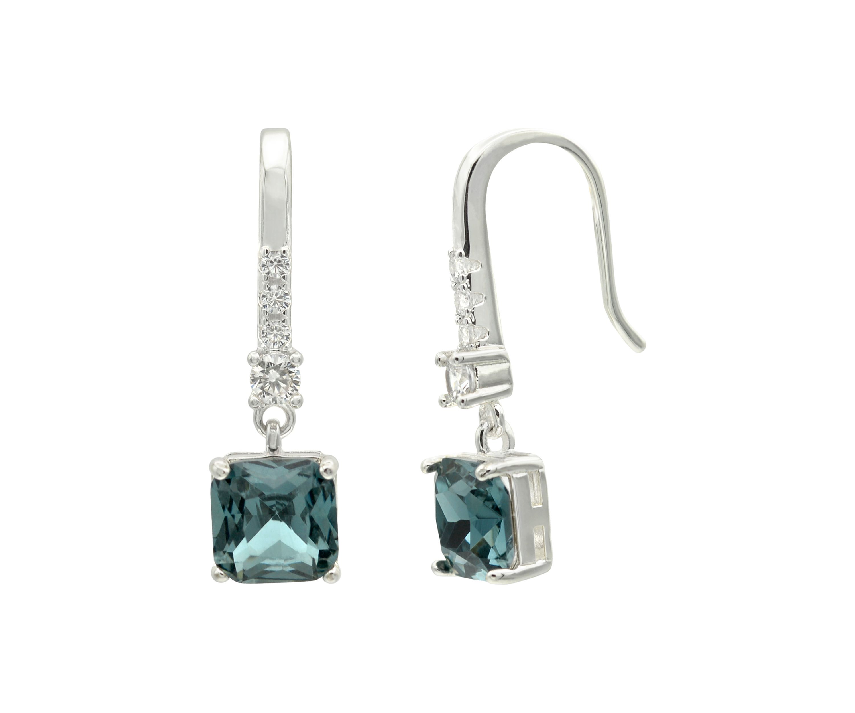 Silver Tone Blue Square Stone Drop Earrings