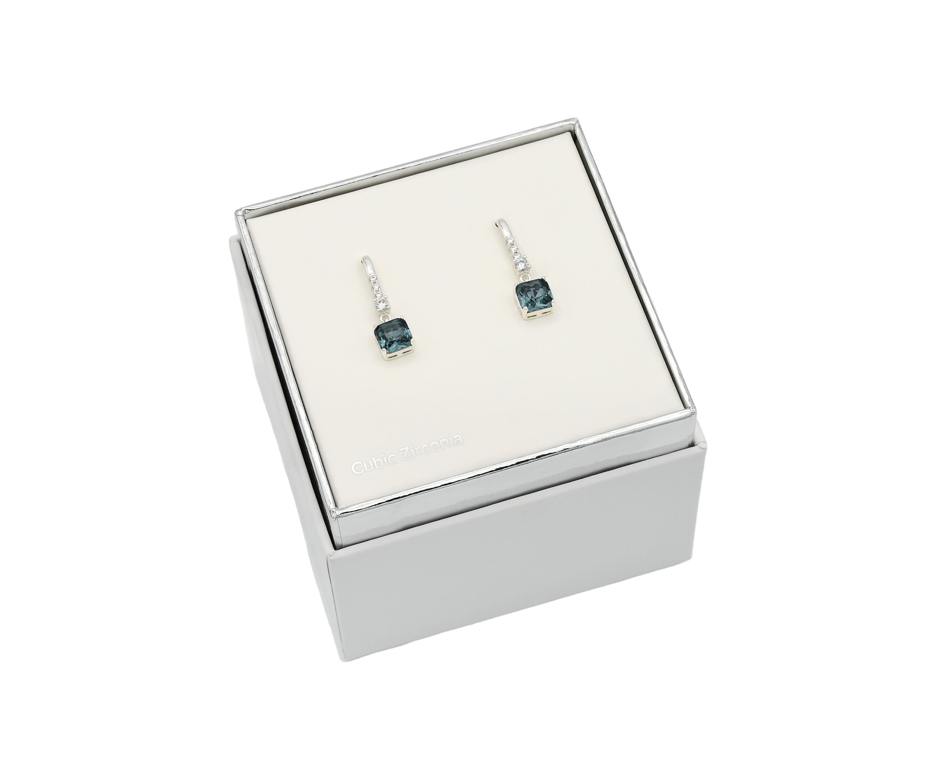 Silver Tone Blue Square Stone Drop Earrings