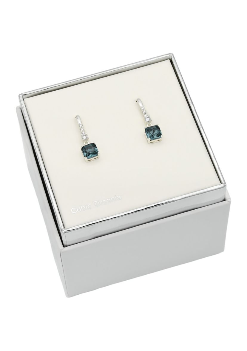Silver Tone Blue Square Stone Drop Earrings