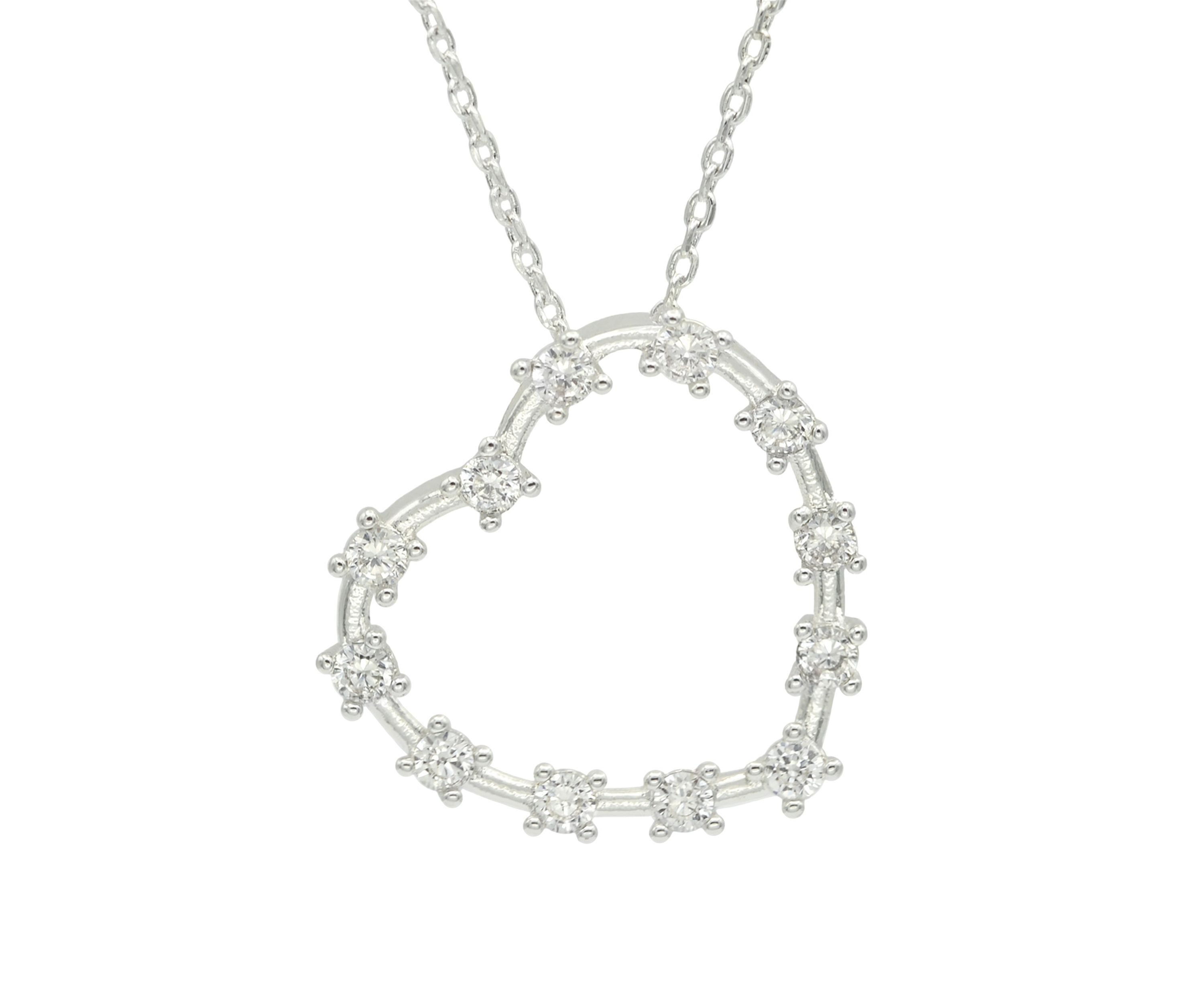 Silver Tone Cubic Zirconia Open Heart Pendant Necklace