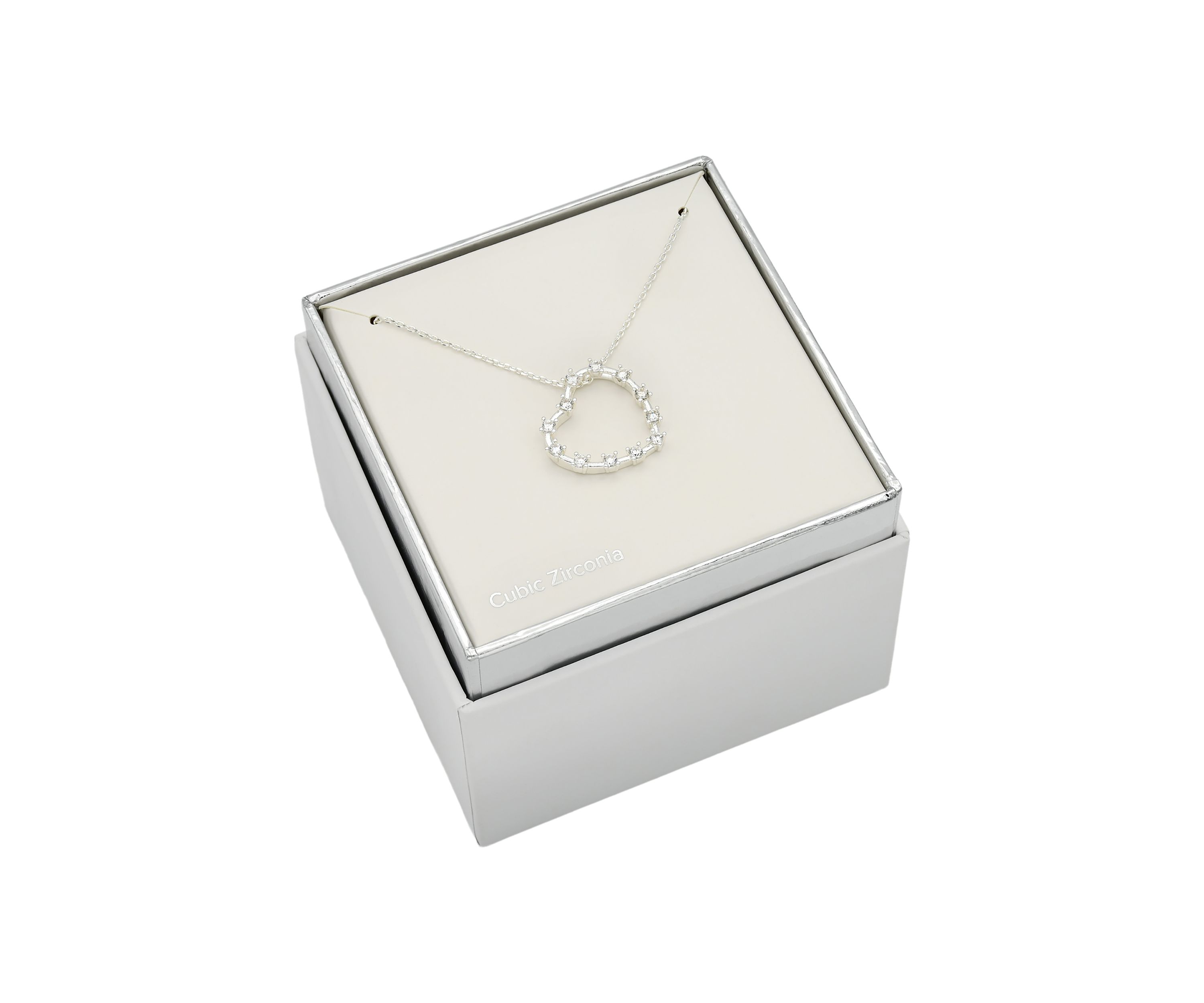 Silver Tone Cubic Zirconia Open Heart Pendant Necklace