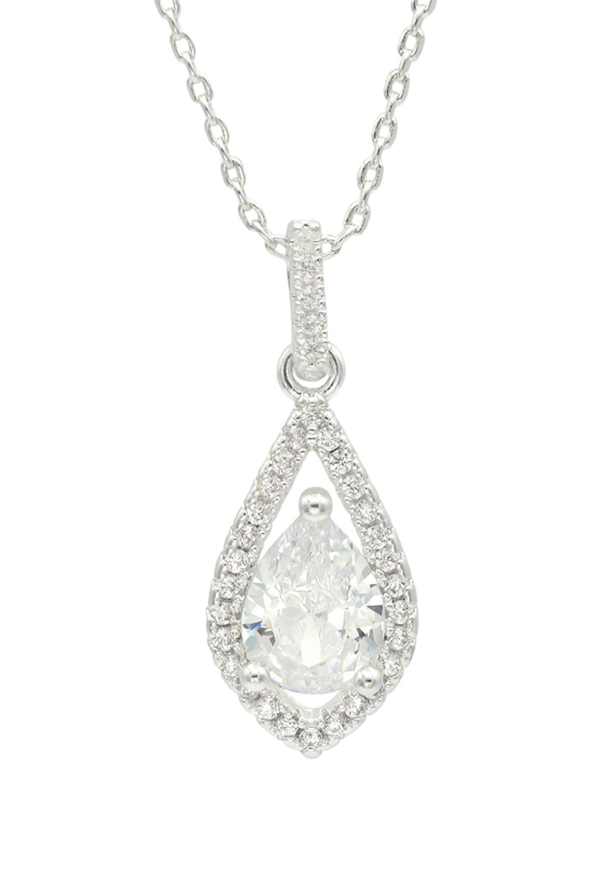 Silver Tone Cubic Zirconia Halo Pear Stone Pendant Necklace