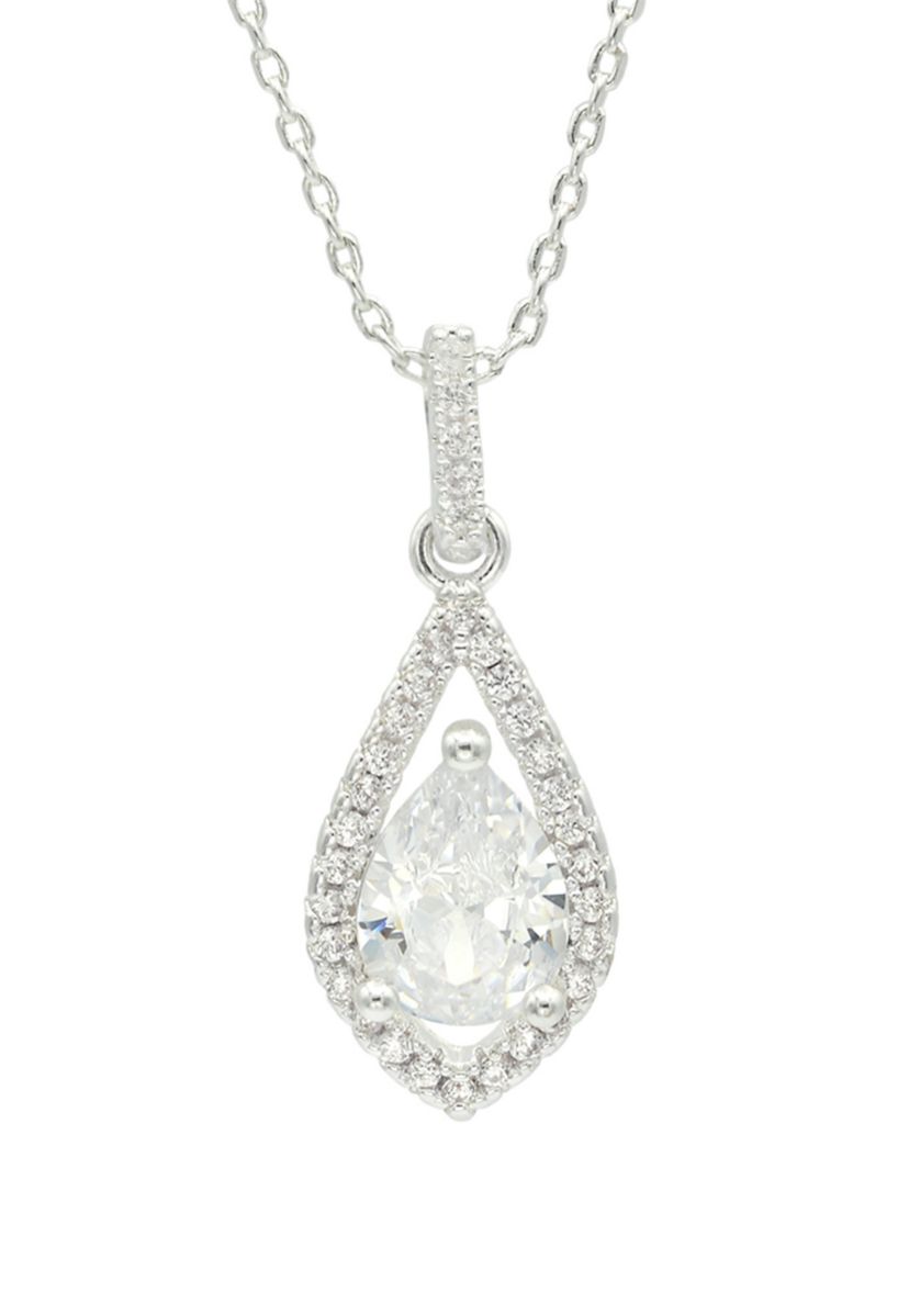 Silver Tone Cubic Zirconia Halo Pear Stone Pendant Necklace