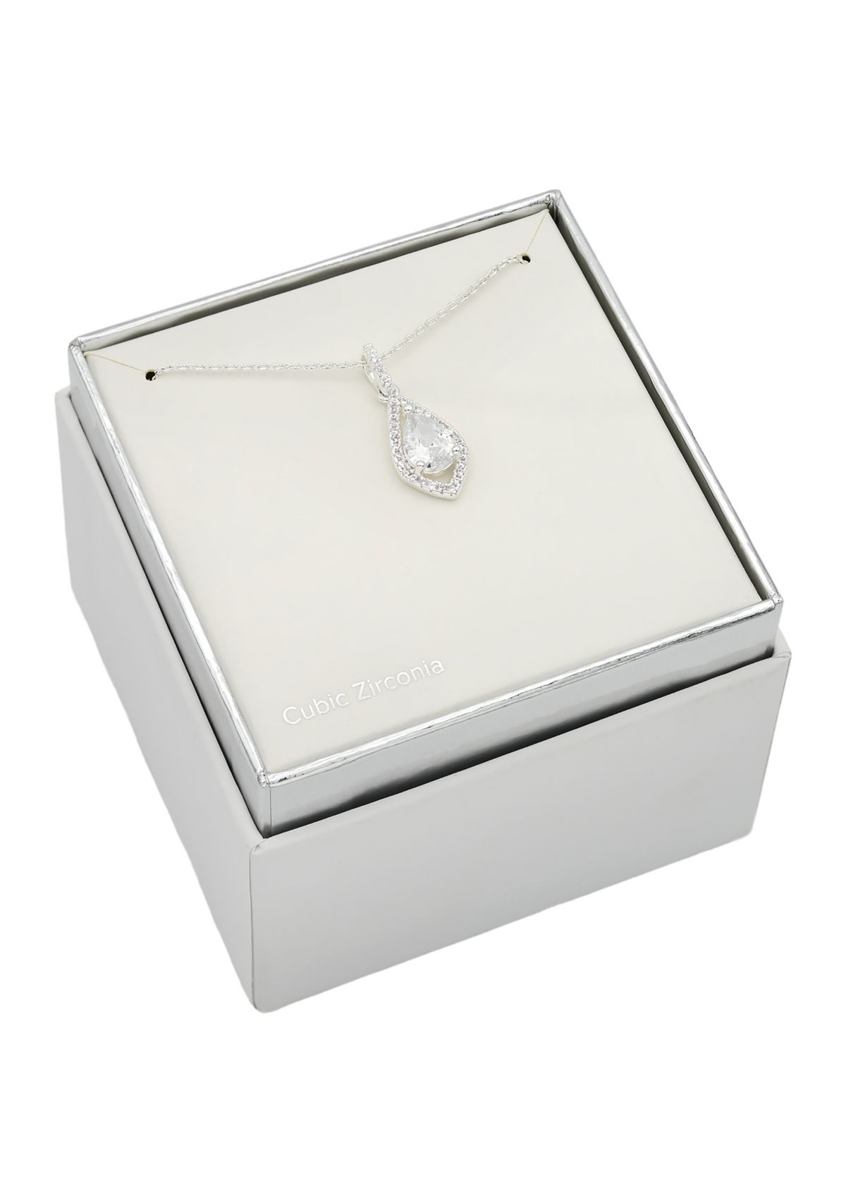 Silver Tone Cubic Zirconia Halo Pear Stone Pendant Necklace