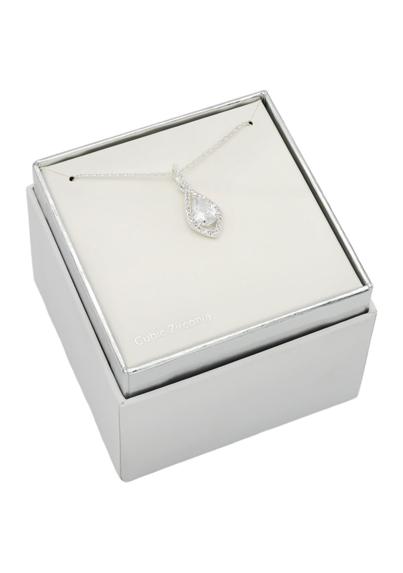 Silver Tone Cubic Zirconia Halo Pear Stone Pendant Necklace
