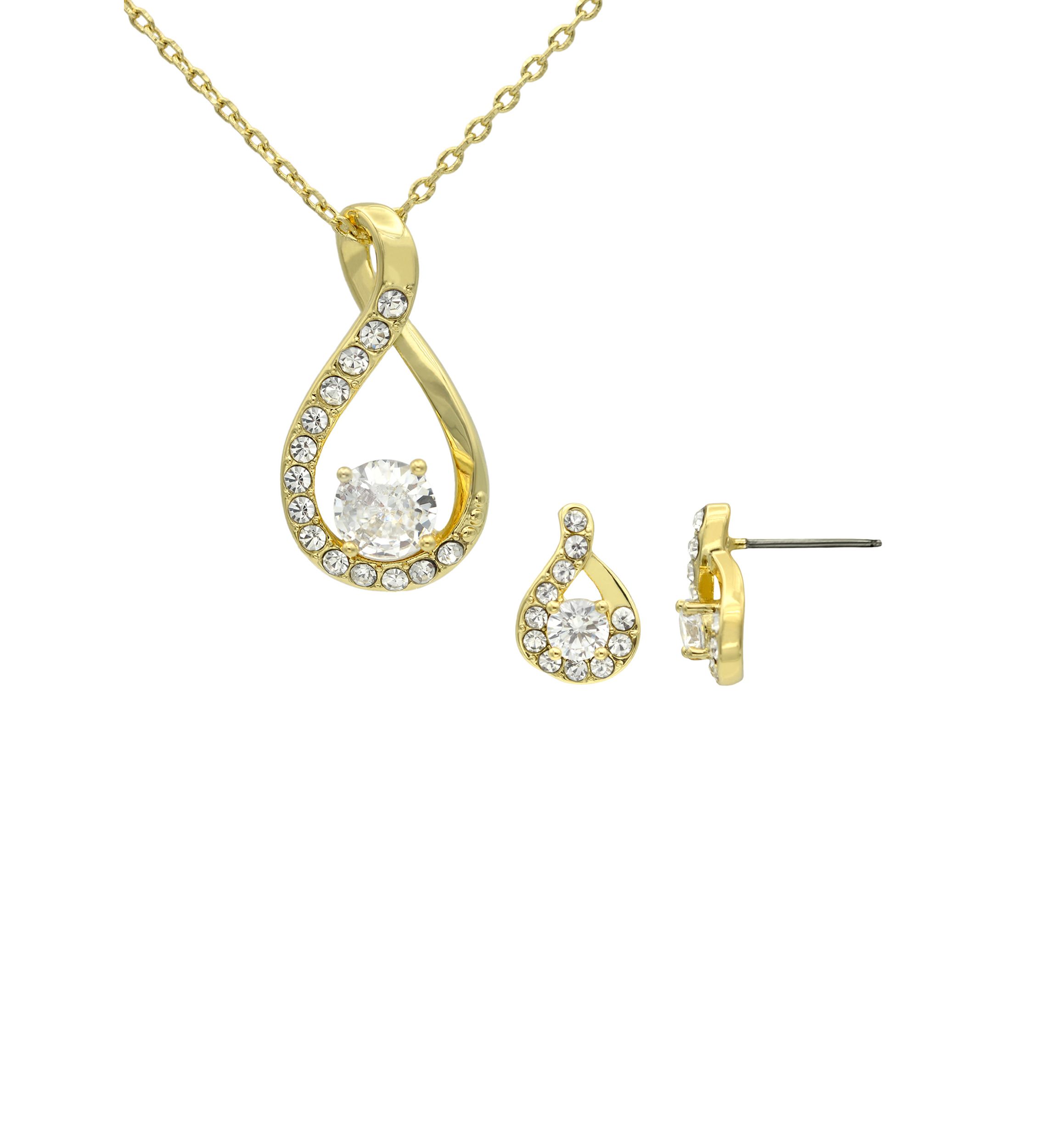Gold Tone Cubic Zirconia Open Pear Necklace and Earring Set