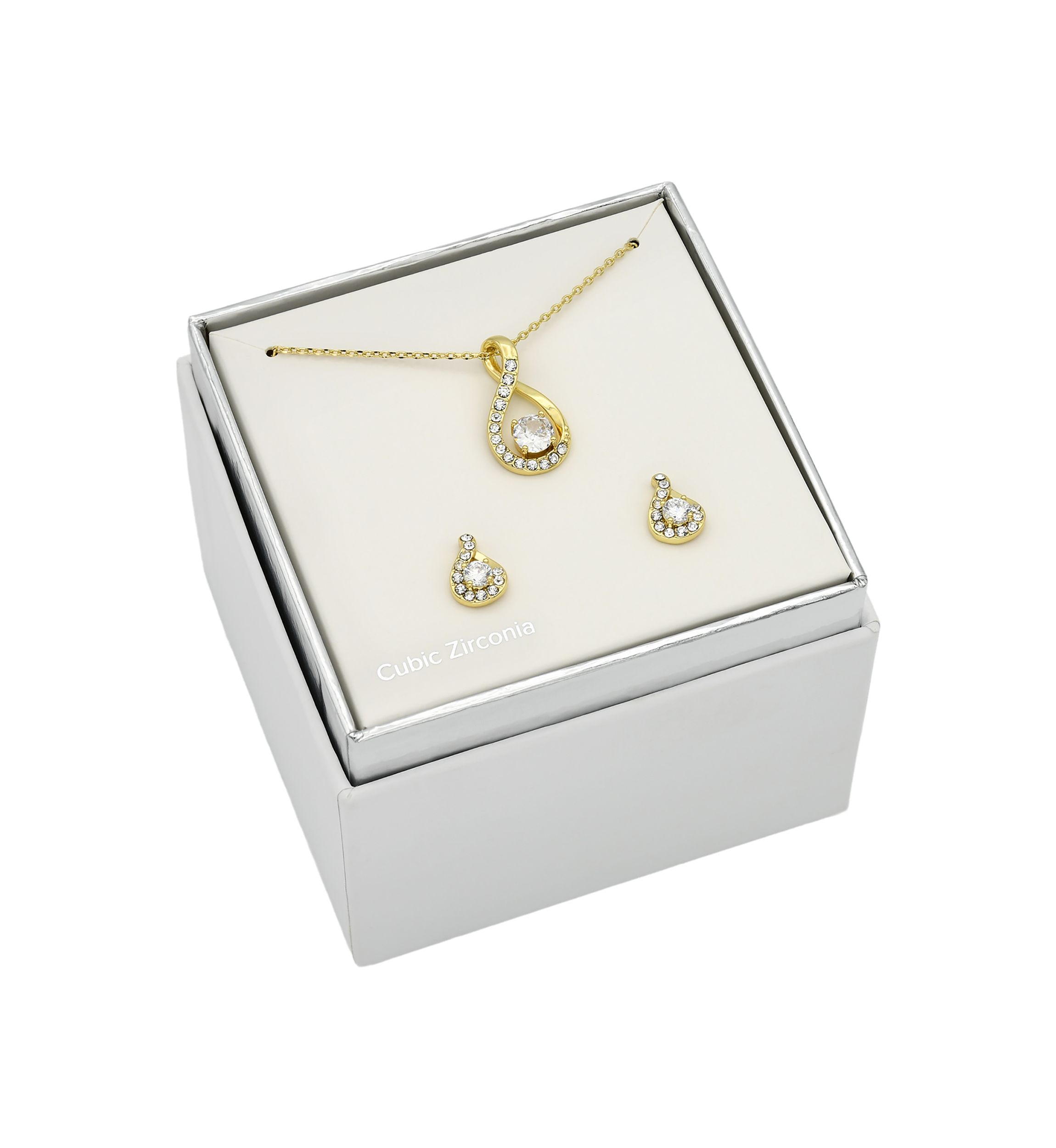 Gold Tone Cubic Zirconia Open Pear Necklace and Earring Set