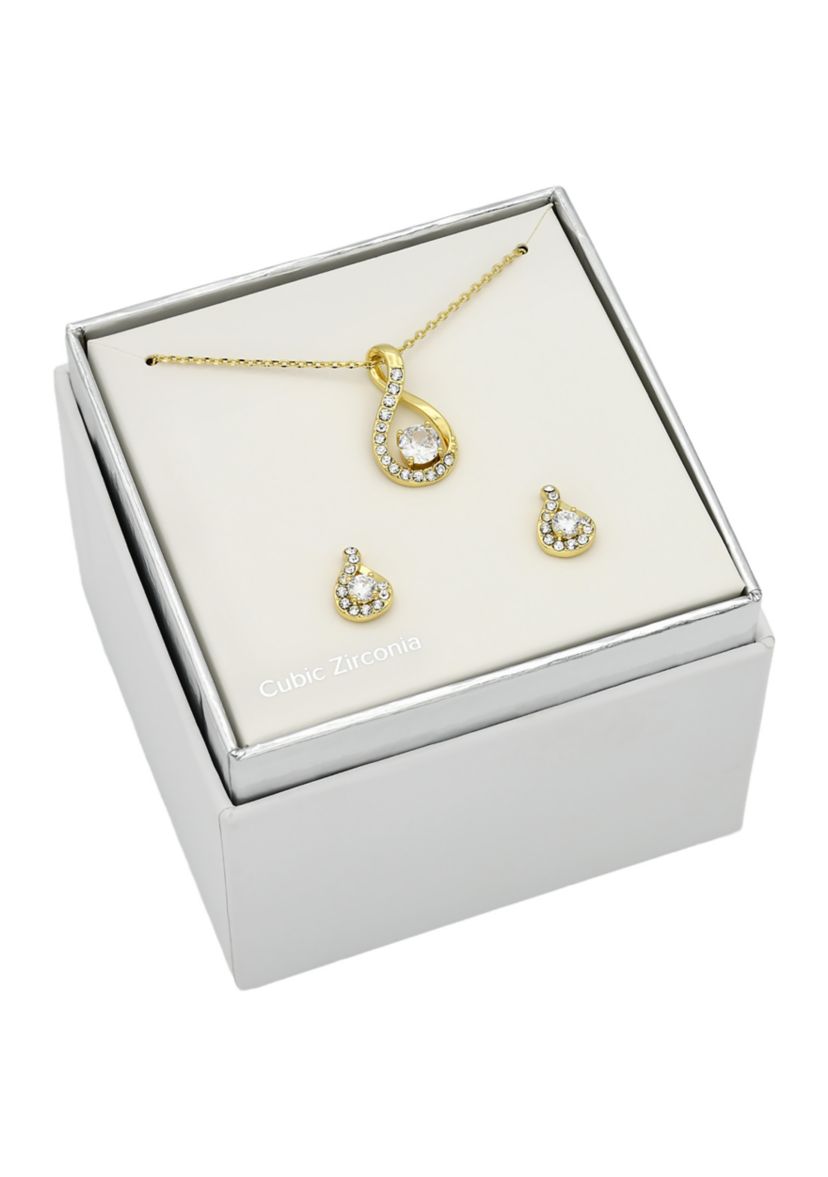Gold Tone Cubic Zirconia Open Pear Necklace and Earring Set