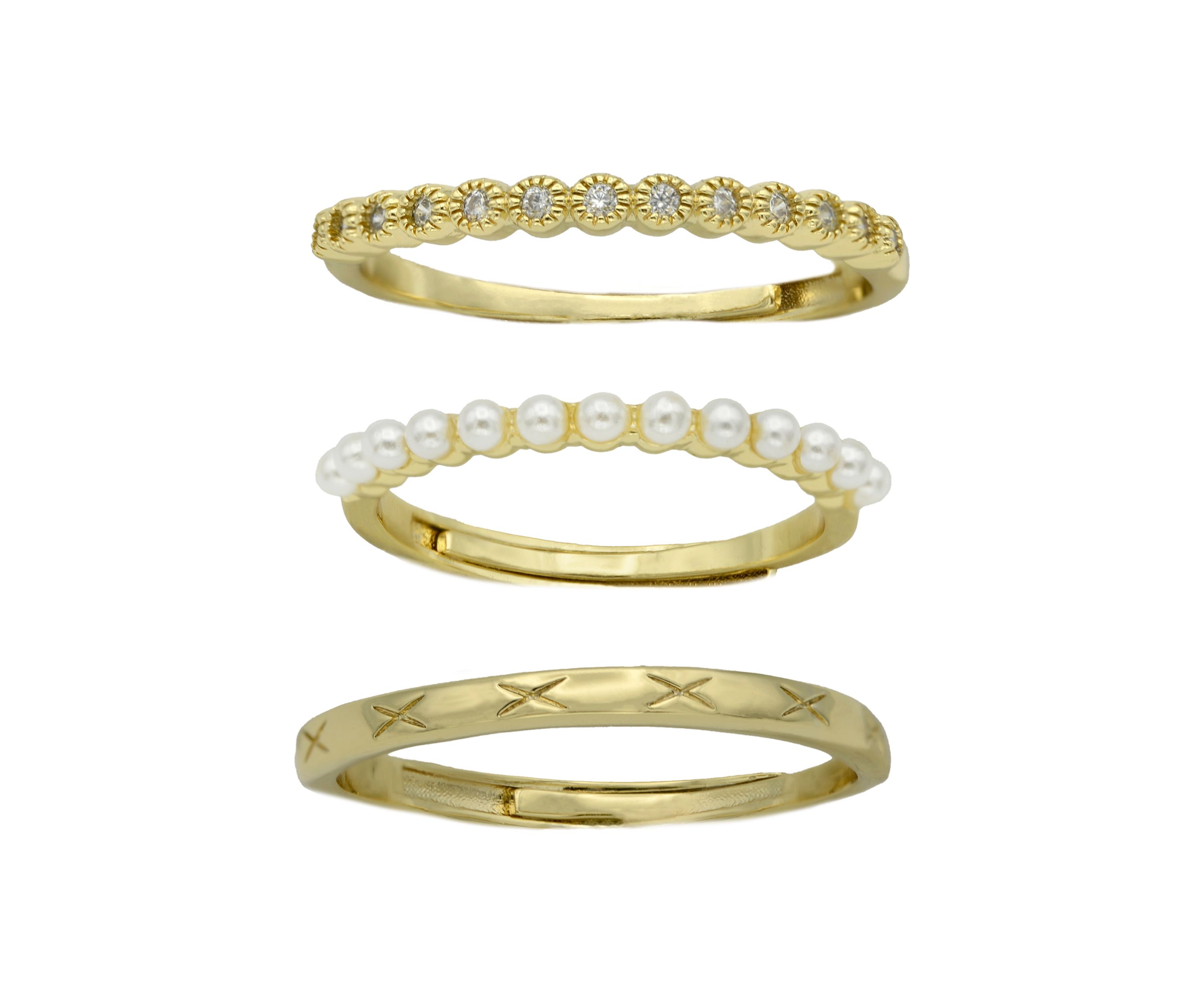 Gold Tone Pearl & Cubic Zirconia Adjustable Stack Etched Band Ring Set
